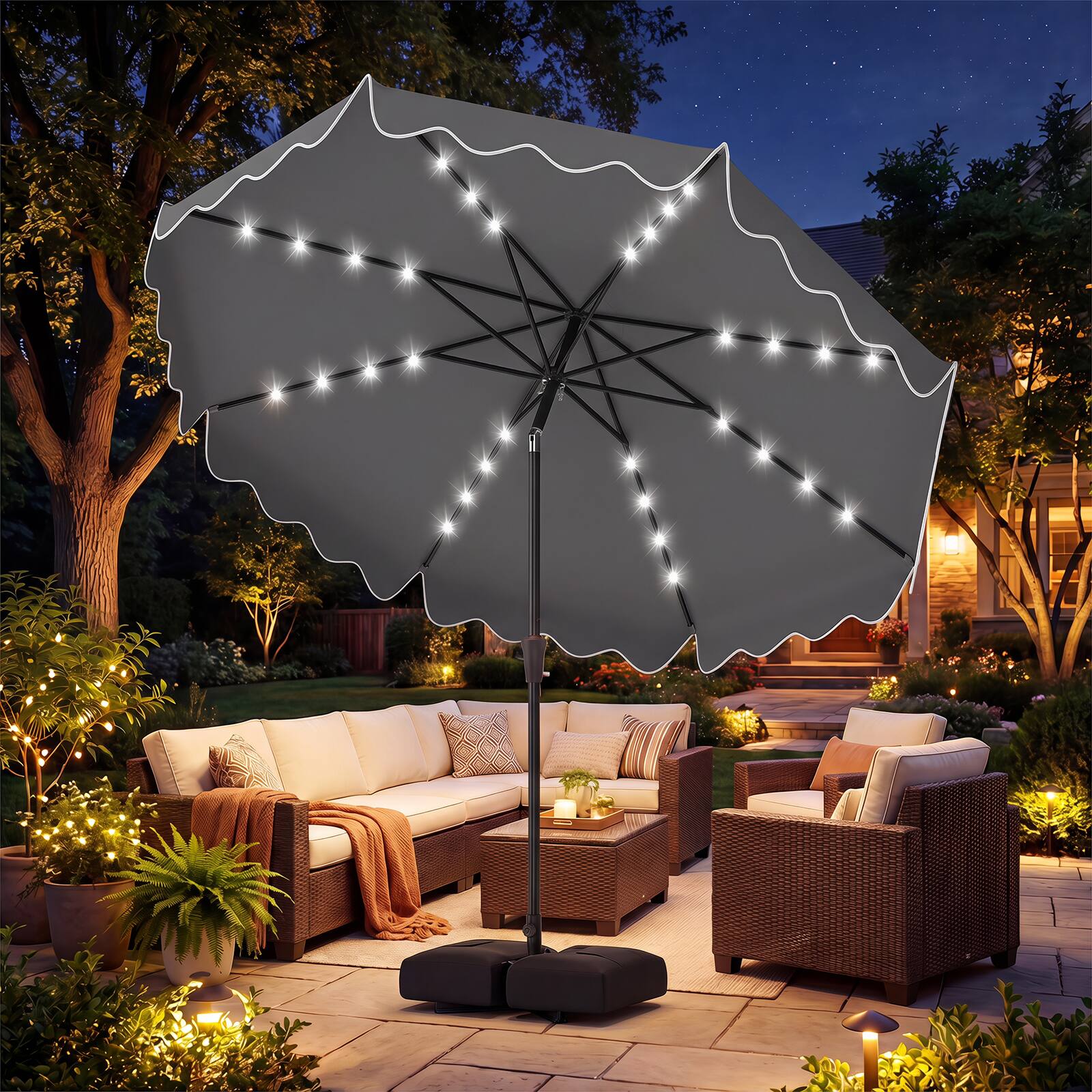 Alt View 3. Costway - Costway 10 FT Outdoor Patio Umbrella with 32 Solar LED Lights & Weighted Base, Sandbags - Gray.