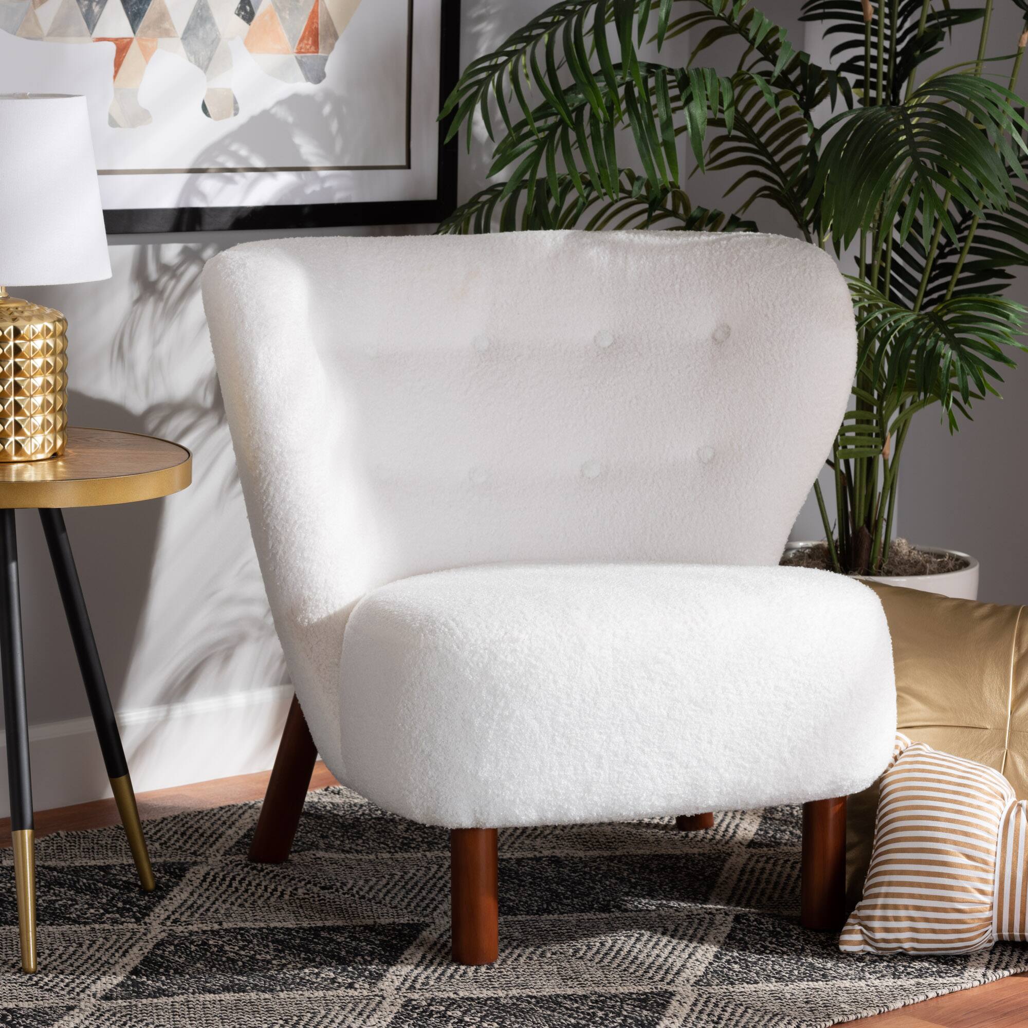 Alt View 4. Baxton Studio - Cabrera Modern and Contemporary Boucle Upholstered and Walnut Finished Wood Accent Chair - White/Walnut Brown.