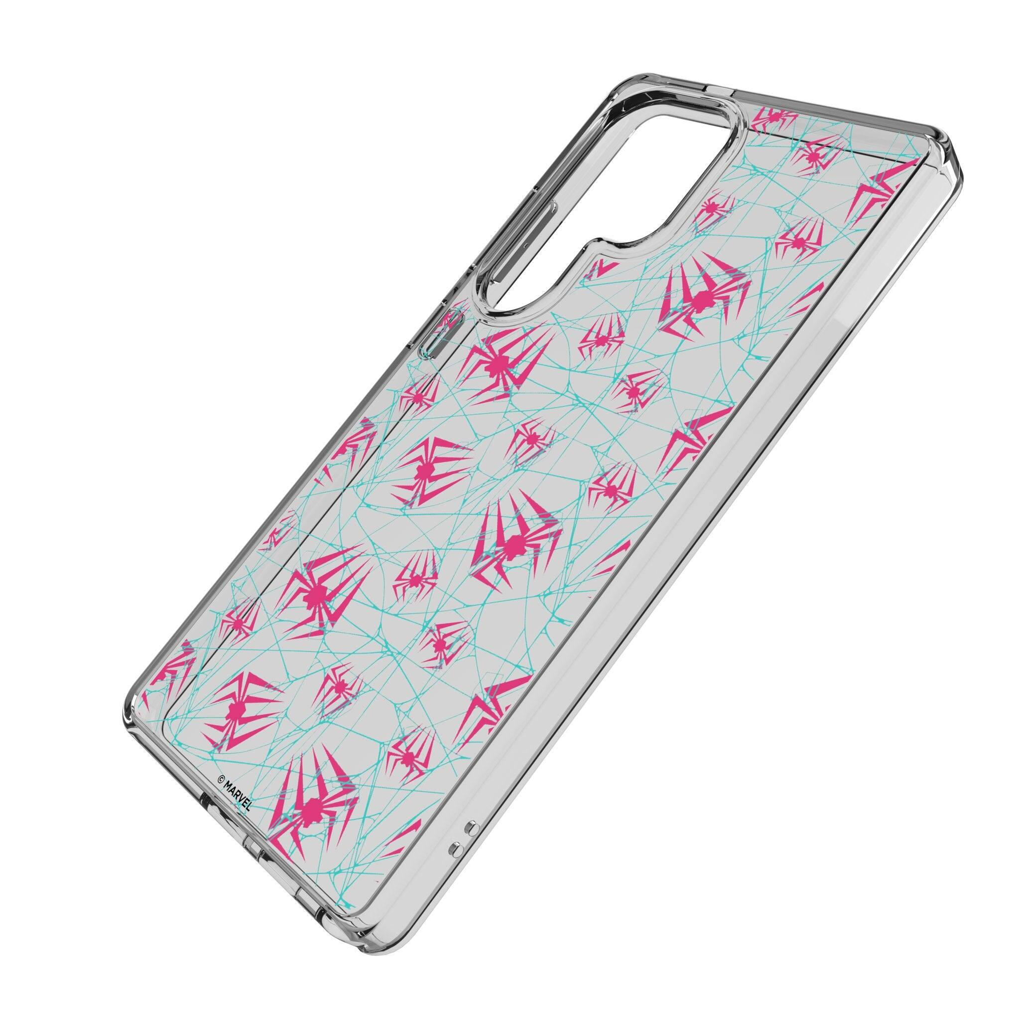 Angle. Keyscaper - Marvel Pattern Clear Phone Case - Samsung Galaxy S24 Plus - Spider-Gwen.