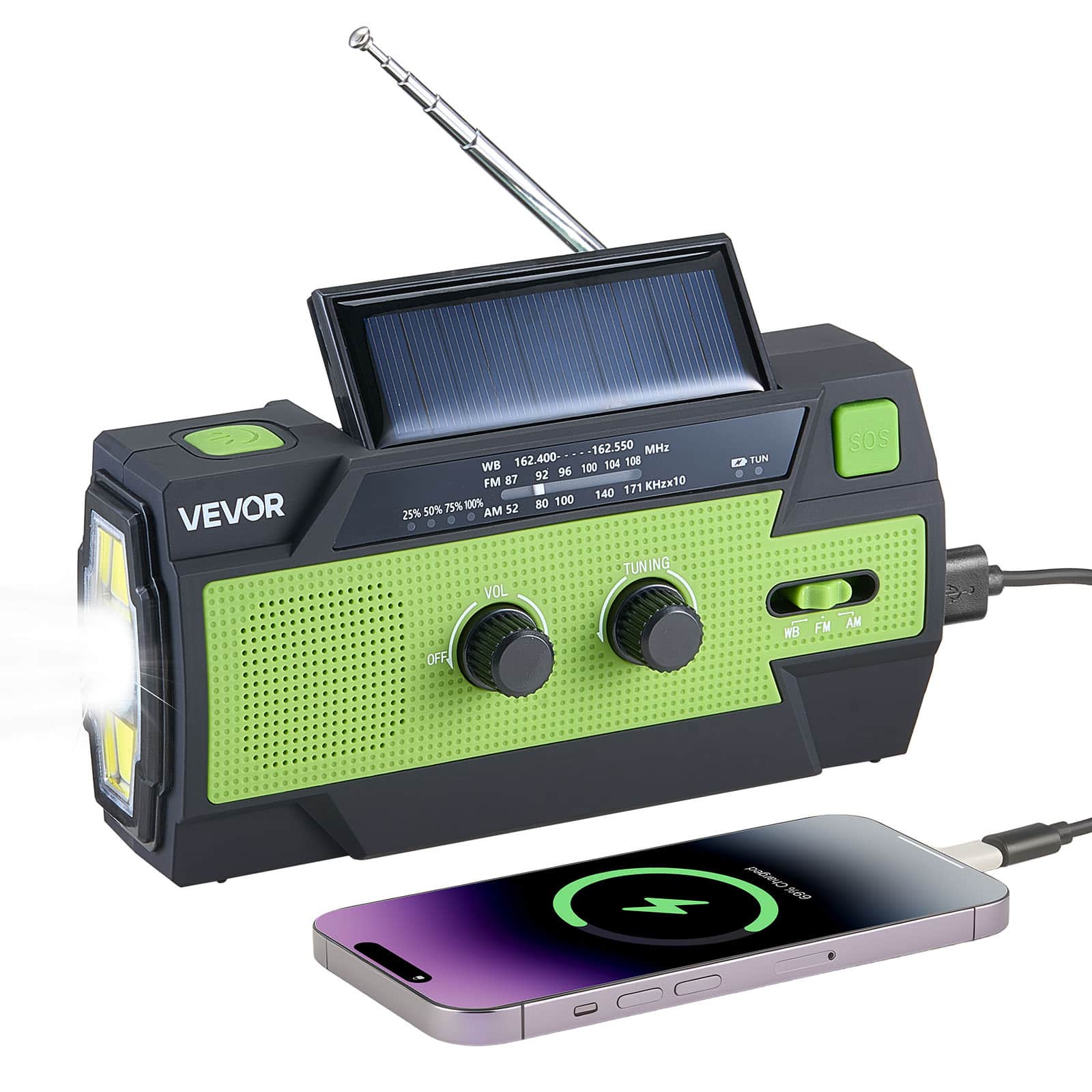 VEVOR - Emergency Weather Radio, 4000mAh Battery, FM/AM/WB/NOAA Alert Solar Hand Crank Emergency Radio, with USB Charging Cable - Green + Black