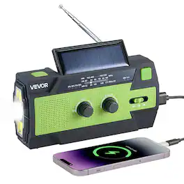 VEVOR - Emergency Weather Radio, 4000mAh Battery, FM/AM/WB/NOAA Alert Solar Hand Crank Emergency Radio, with USB Charging Cable - Green + Black