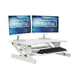 Rocelco - Deluxe Height Adjustable Standing Desk Converter, Quick Sit Stand Up Dual Monitor Riser, Large Retractable Keyboard Tray - White