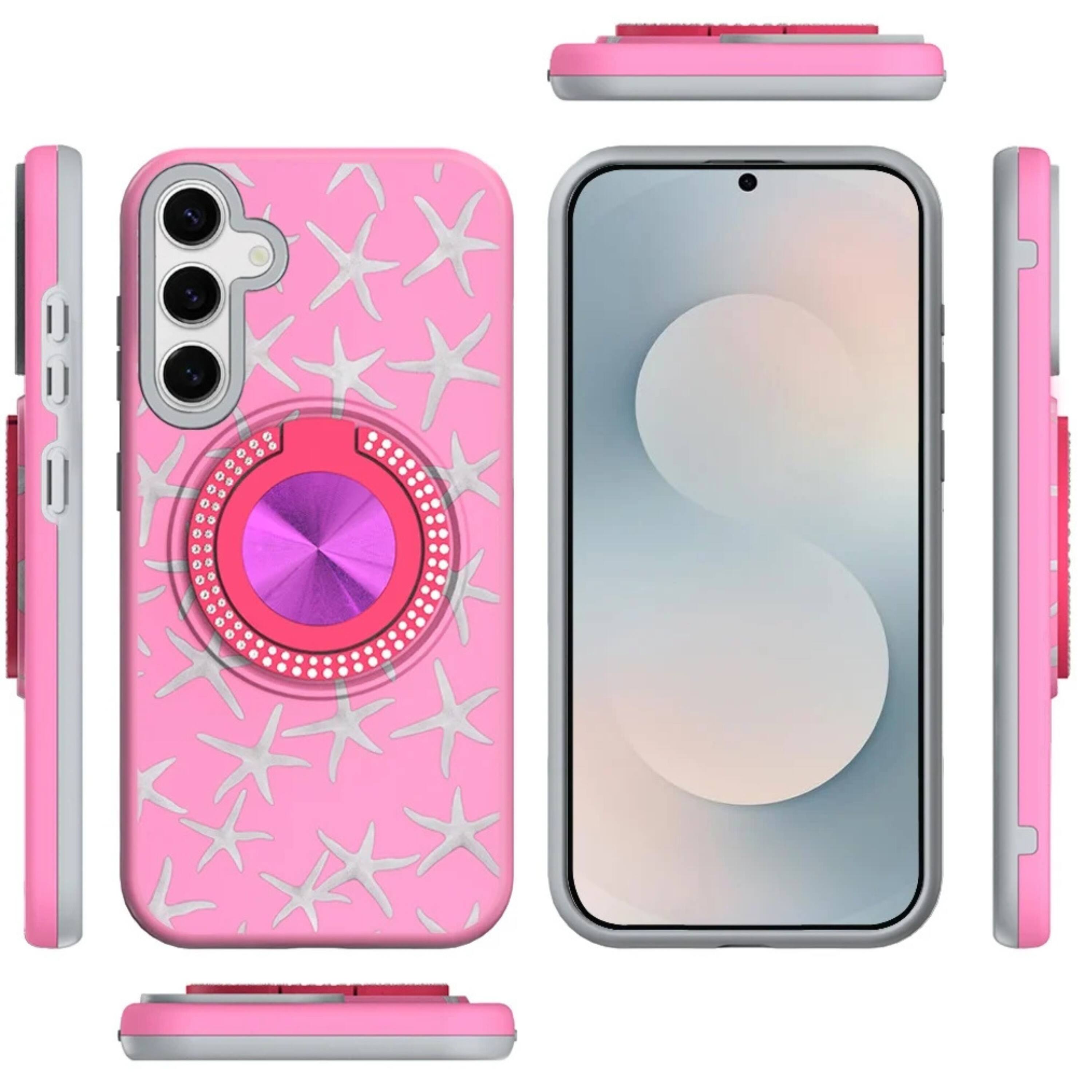 Angle. Kitcheniva - Printed Bling 360 Rotating Ring Stand Phone Case With Tempered Glass For Samsung S26 6.3 Inch Pink Star - Pink.