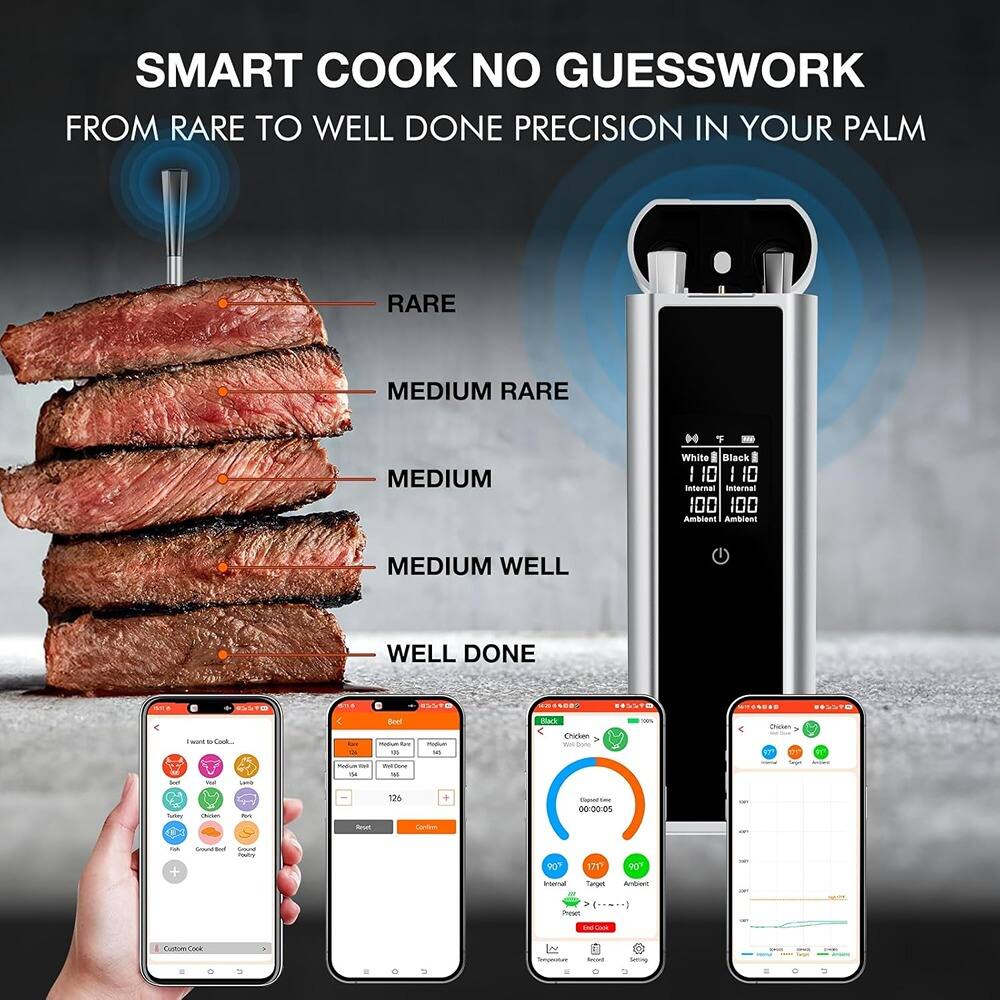 SMART COOK NO GUESSWORK  
FROM RARE TO WELL DONE PRECISION IN YOUR PALM  

RARE  
MEDIUM RARE  
MEDIUM  
MEDIUM WELL  
WELL DONE  

White | Black  
110  
100  
100  
Ambient  
Ambient  

Beef  
Medium Rare  
135°F  
160°F  

Chicken  
177°F  
90°F  
00:00:05  

Custom Cook  

Temperature  
Record  
Settings  

Start Cook