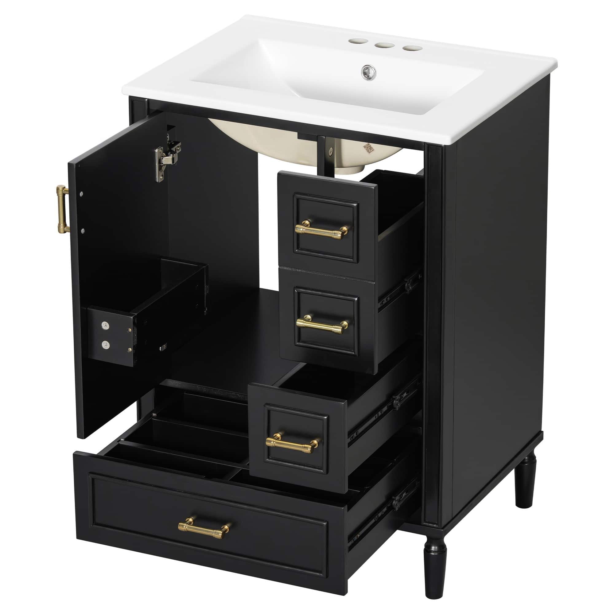 Ecooso - 24" Bathroom Vanity with Ceramic Sink, 3 Drawers, Soft-Close Door, Door-Mounted Rack, Freestanding Cabinet - Black