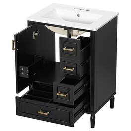 Ecooso - 24" Bathroom Vanity with Ceramic Sink, 3 Drawers, Soft-Close Door, Door-Mounted Rack, Freestanding Cabinet - Black