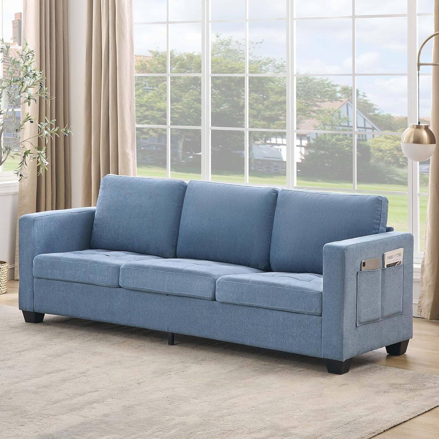 Alt View 4. Jojoka - 89" 3-Seater Chenille Sofa with Removable Cushion, Wide Armrests & Side Storage Pockets - Blue.