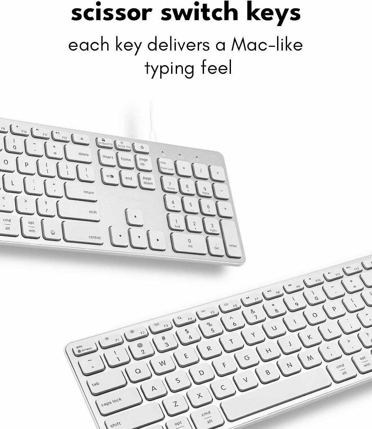 The text on the image reads: "scissor switch keys each key delivers a Mac-like typing feel."