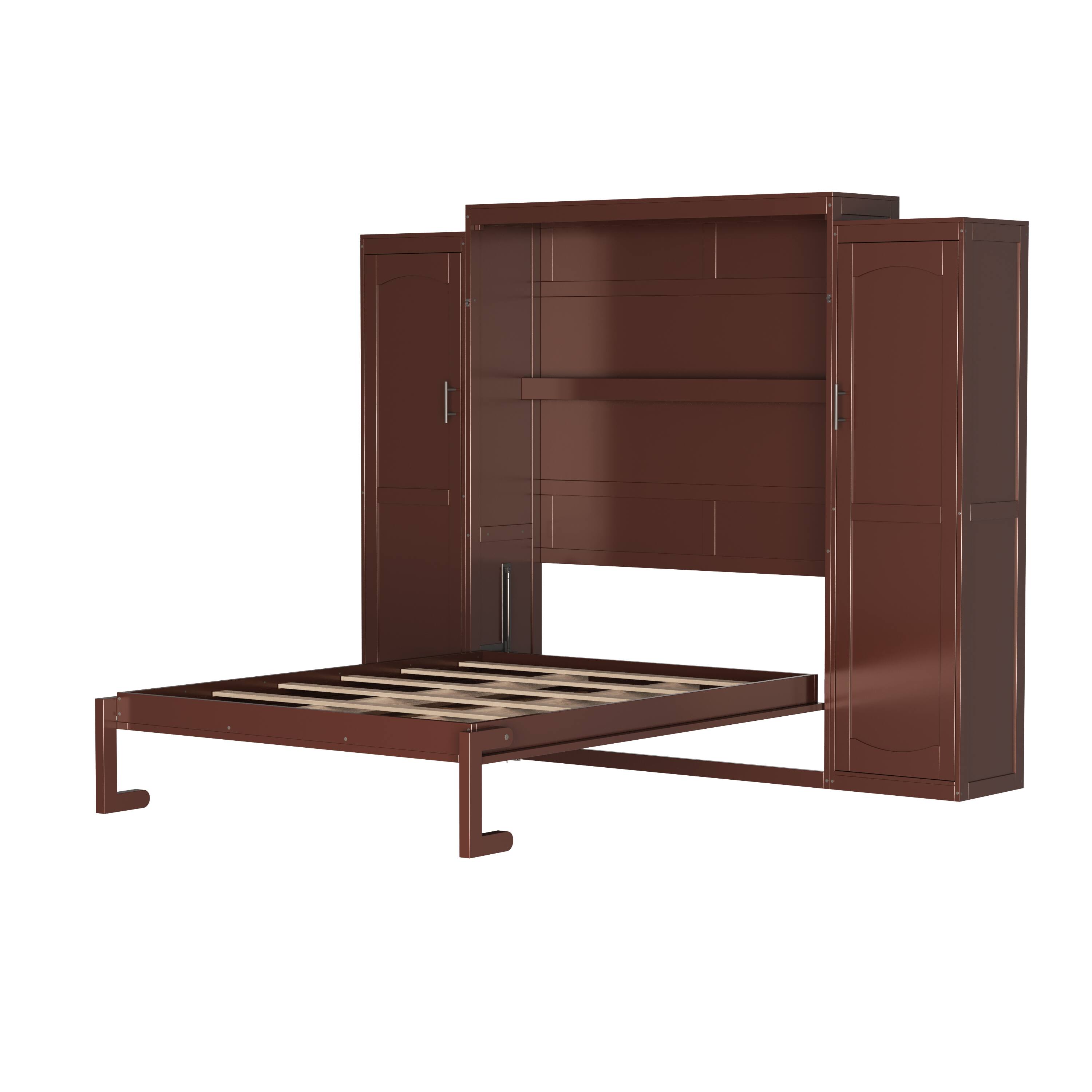 Alt View 5. Tiramisubest - Full Size Murphy Bed with 2 Wardrobe and Storage Shelf, Multifunctional Foldable Platform Bedframe, Walnut - Walnut.