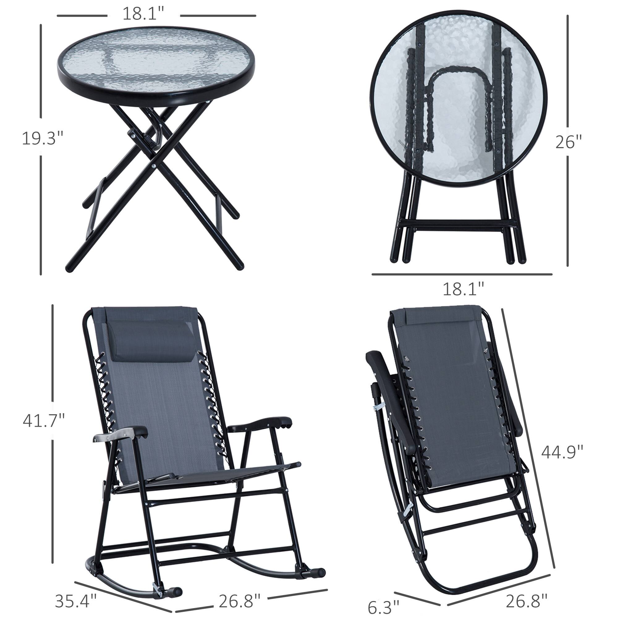 - Table: 18.1" diameter, 19.3" height
- Table (folded): 26" width, 18.1" height
- Chair: 41.7" height, 35.4" width, 26.8" depth
- Chair (folded): 44.9" height, 6.3" width, 26.8" depth