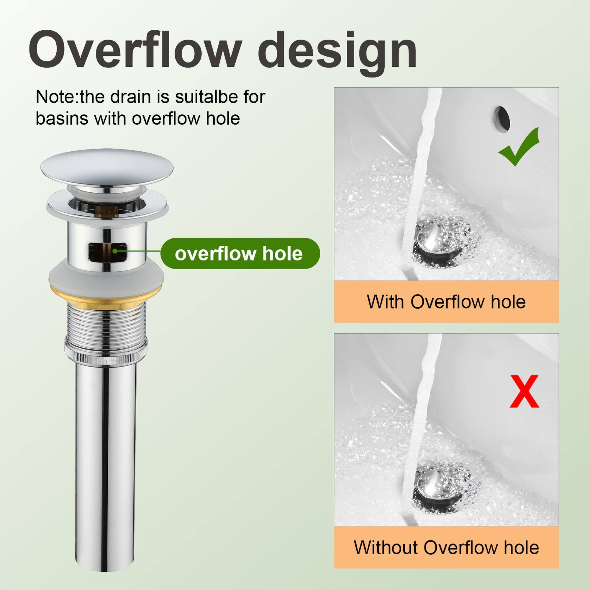 Overflow design

Note: the drain is suitable for basins with overflow hole

With Overflow hole

Without Overflow hole