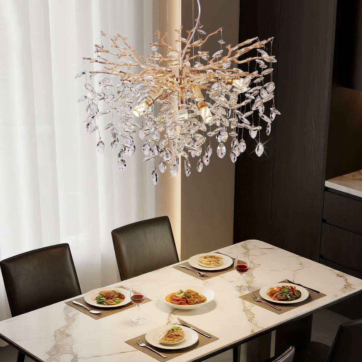 Left. Loheer - Loheer Modern Gold Tree Branch Crystal Chandelier, 23.6 Inch Six Light Pendant for Dining Room.
