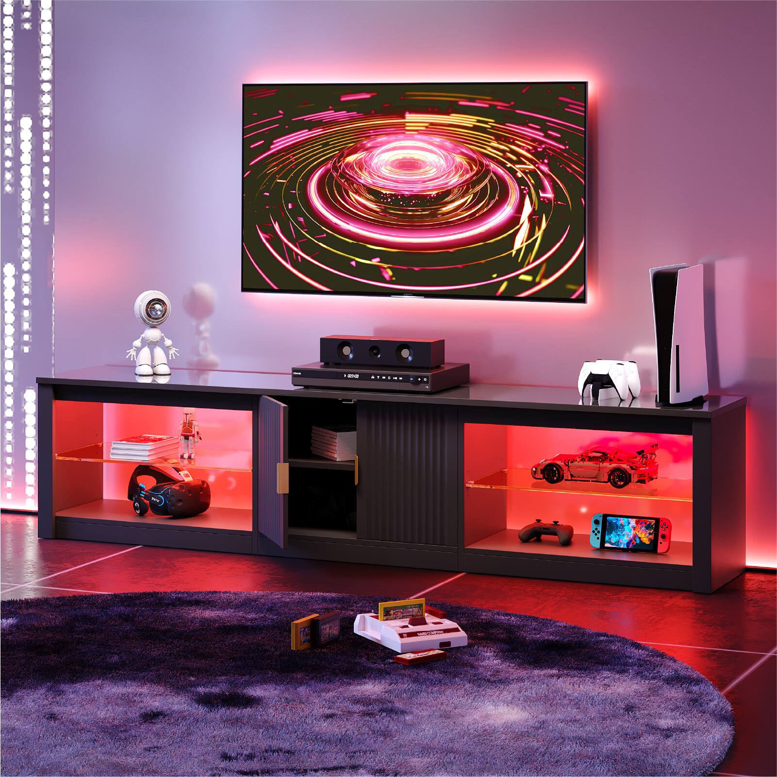 Back. Bestier - 80-inch TV Stand for 75-85 Inch TVs, LED Lights, Fluted Cabinet & Adjustable Shelves - Glossy Black.