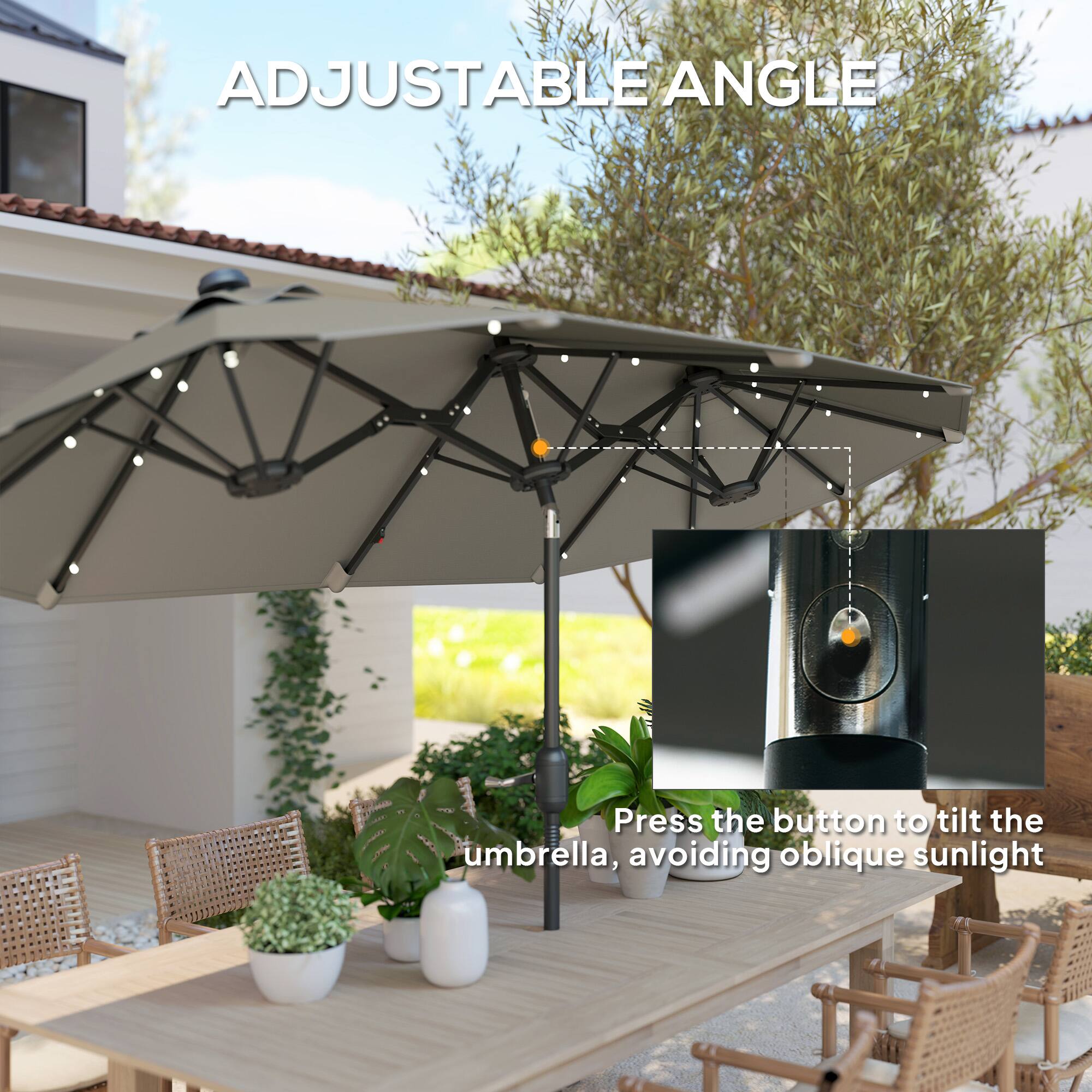 ADJUSTABLE ANGLE
Press the button to tilt the umbrella, avoiding oblique sunlight