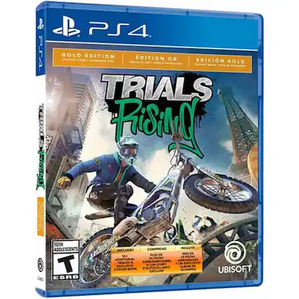 PS4
GOLD EDITION
EDITION OR
EDICIÓN GOLD
TRIALS RISINGS
TEEN ADOLESCENTS
T ESRB
INCLUDES
55+ ADDITIONAL TRACKS & STICKER BOOK
INCLUYE
MÁS DE 55 PISTAS ADICIONALES Y UN EXCLUSIVO LIBRETO DE ESTAMPAS
COMPREND
PLUS DE 55 PISTES SUPPLÉMENTAIRES ET UN LIVRET EXCLUSIF DE STICKERS
UBISOFT - T (Teen 13+)