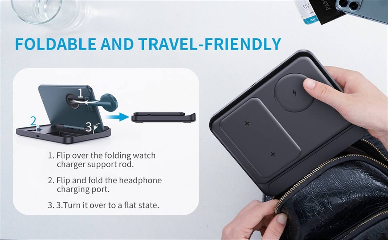 FOLDABLE AND TRAVEL-FRIENDLY

1. Flip over the folding watch charger support rod.
2. Flip and fold the headphone charging port.
3. Turn it over to a flat state.