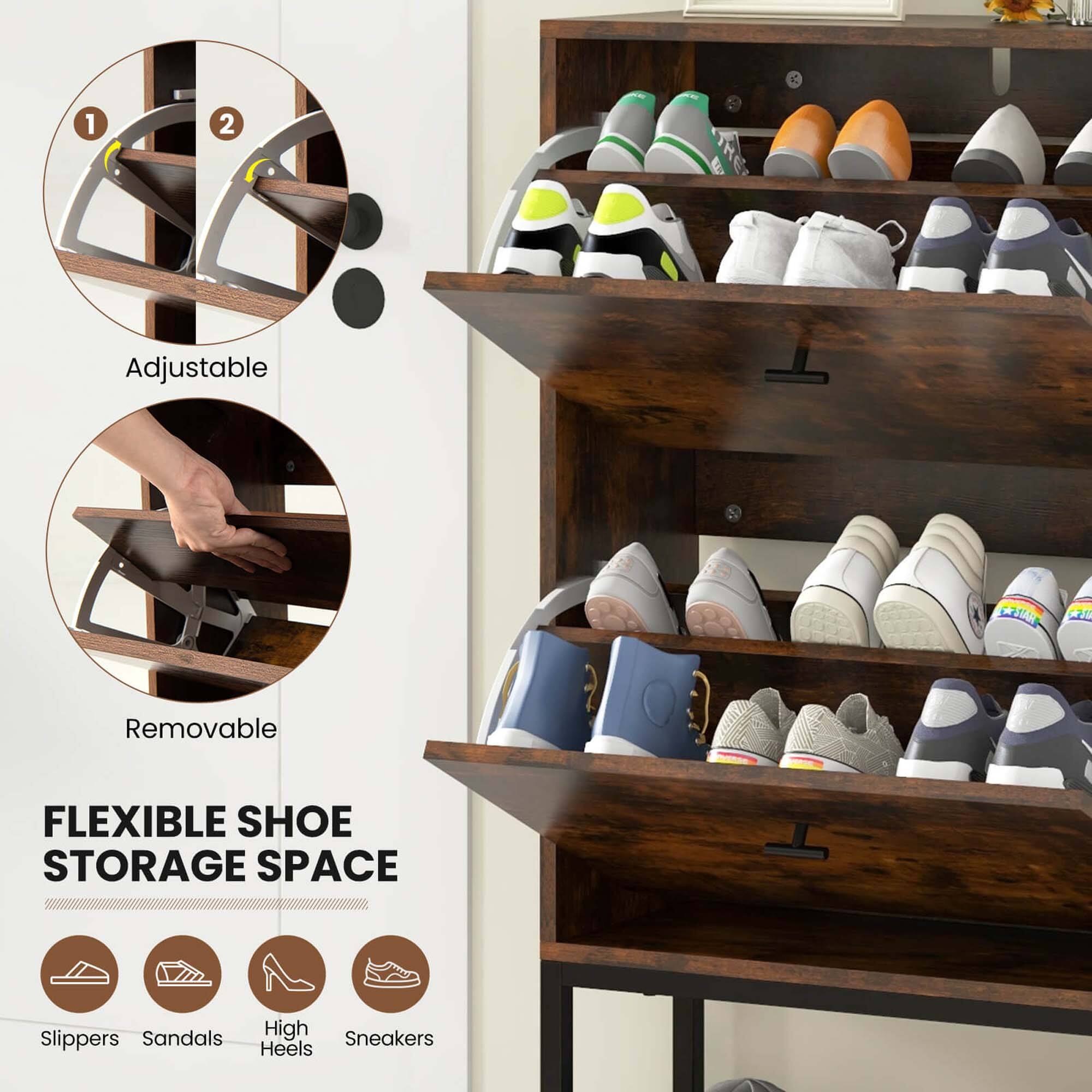 The text on the image reads: "Adjustable ETAR Removable FLEXIBLE SHOE STORAGE SPACE Slippers Sandals High Sneakers Heels."