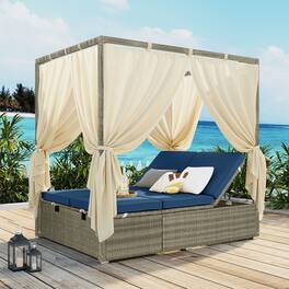 Mondawe - Outdoor Adjustable Sun Lounger with Canopy, Recline and Removable Cushion - Dark Blue