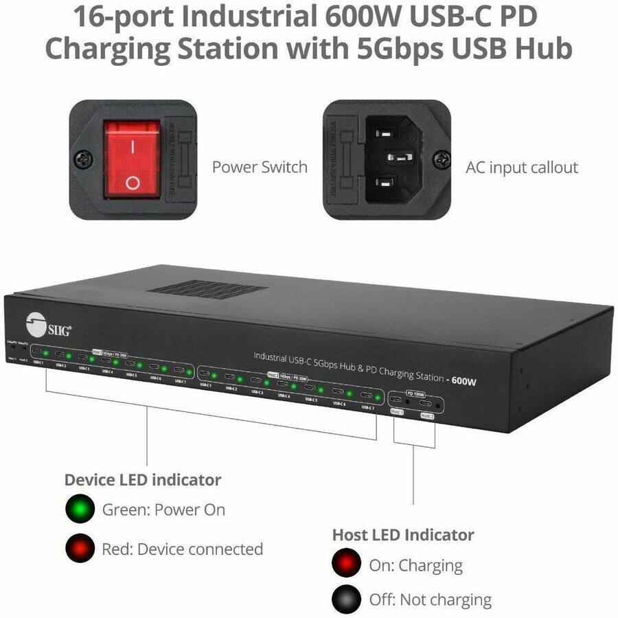16-port Industrial 600W USB-C PD Charging Station with 5Gbps USB Hub

- Power Switch
- AC input callout

Device LED indicator
- Green: Power On
- Red: Device connected

Host LED Indicator
- On: Charging
- Off: Not charging