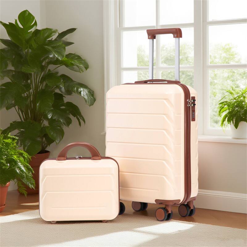 Alt View 5. HTUTWOO - 14"/20" Set of 2 ABS Spinner Wheel Luggage with Combination Lock - 360° Rotating Handle, Anti-Fall Protective Cover - Beige.