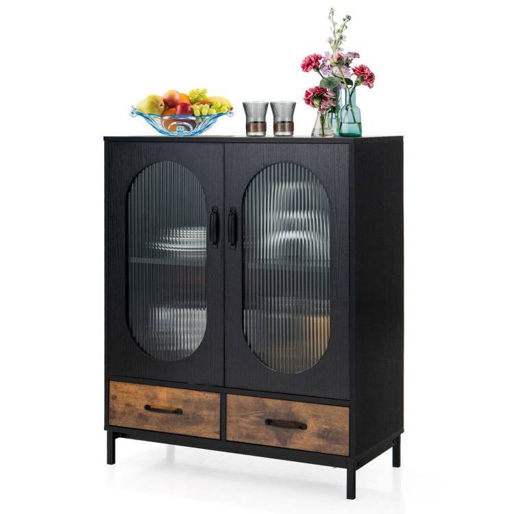 Front. Hivvago - Modern Black Brown Metal Wood Sideboard Dining Buffet Cabinet with Glass Doors - Black, Rustic Brown.