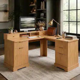 RYHNUYNE - 59.45 in L-Shaped Desk with Charging Station, Fluted Oak Finish, Storage Cabinet and Monitor Stand, Home Office Corner - Light Oak