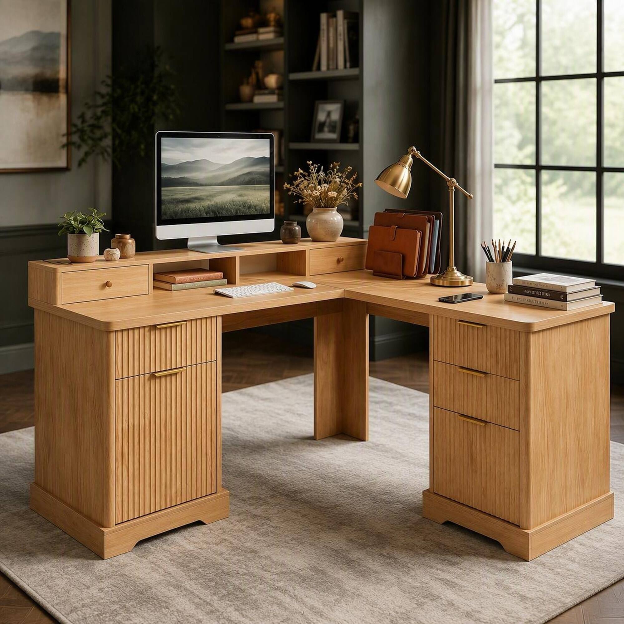 Front. RYHNUYNE - 59.45 in L-Shaped Desk with Charging Station, Fluted Oak Finish, Storage Cabinet and Monitor Stand, Home Office Corner - Light Oak.