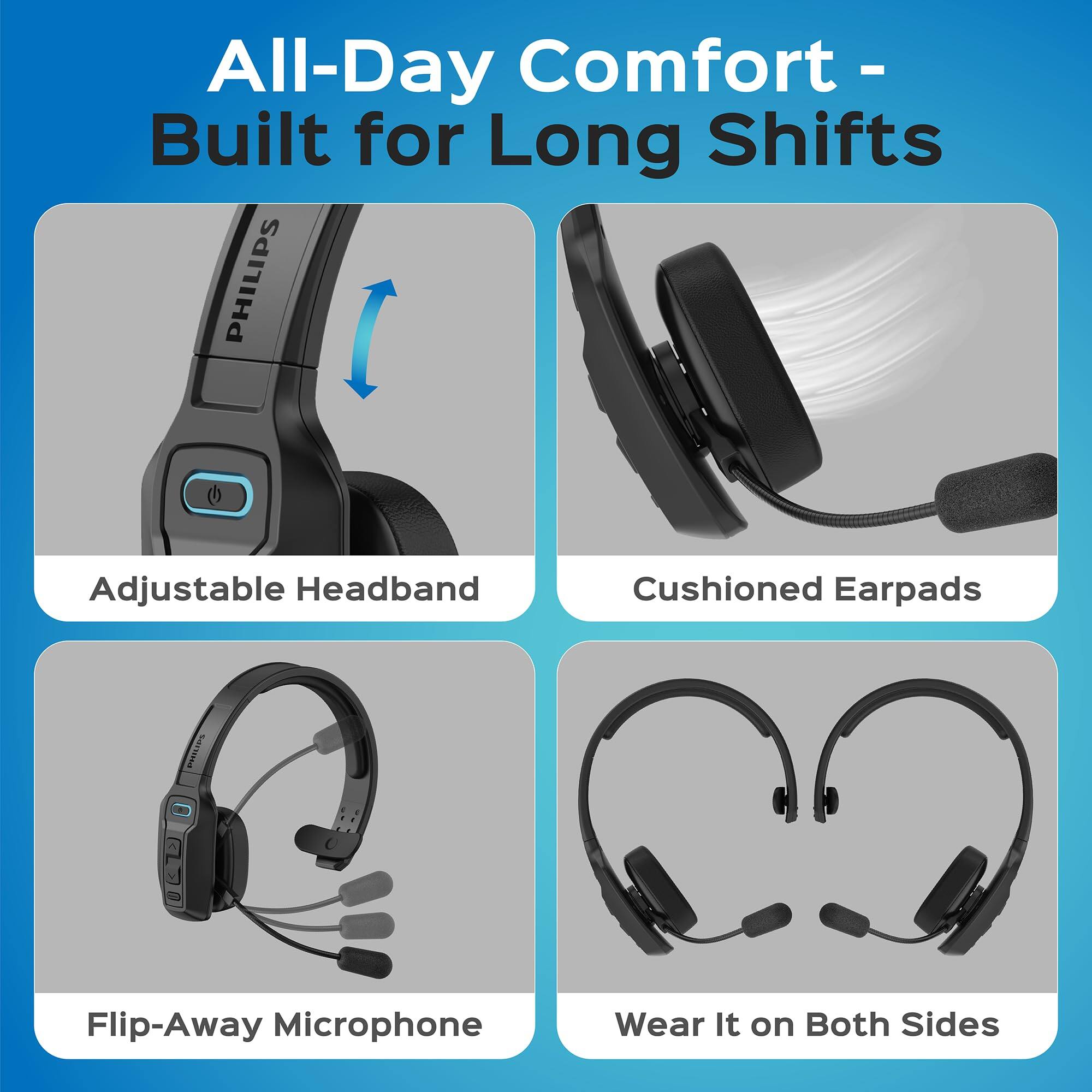 All-Day Comfort - Built for Long Shifts

PHILIPS Adjustable Headband
Cushioned Earpads
Flip-Away Microphone
Wear It on Both Sides