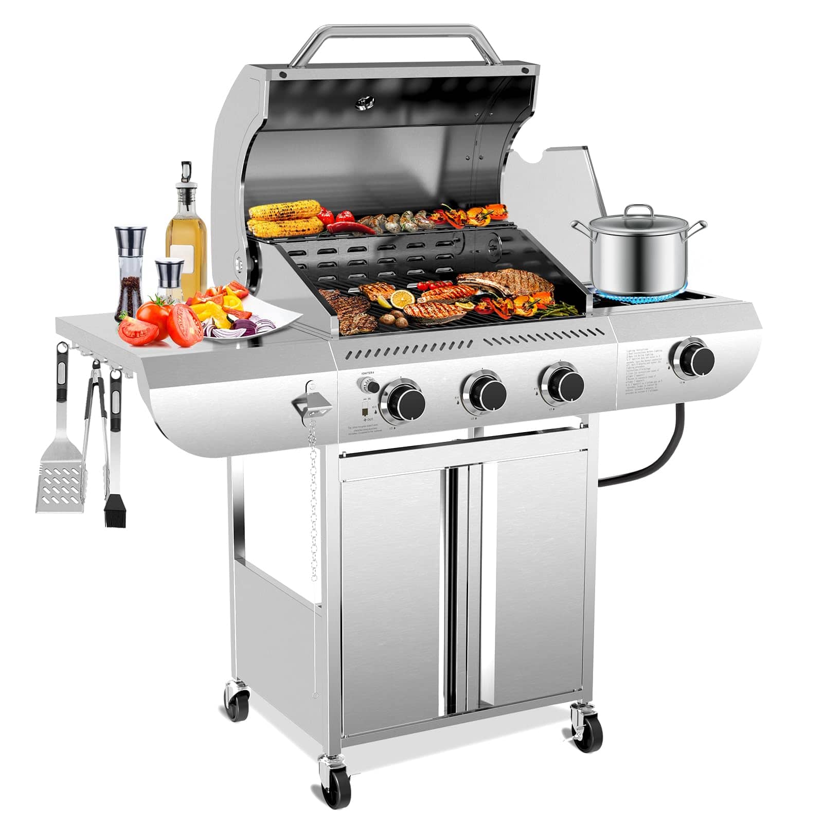 GlowWise - 34,000 BTU 3-Burner Propane Grill withSide Burner Stainless Steel,Cast Iron Grates,Portable Wheels Patio&Camping Ready - Silver