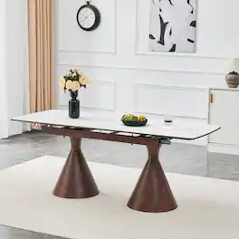 Anysun - Modern Extendable Stone-Top Dining Table – Marble-Patterned Tabletop with Tapered Metal Legs, Rectangular - Walnut, White