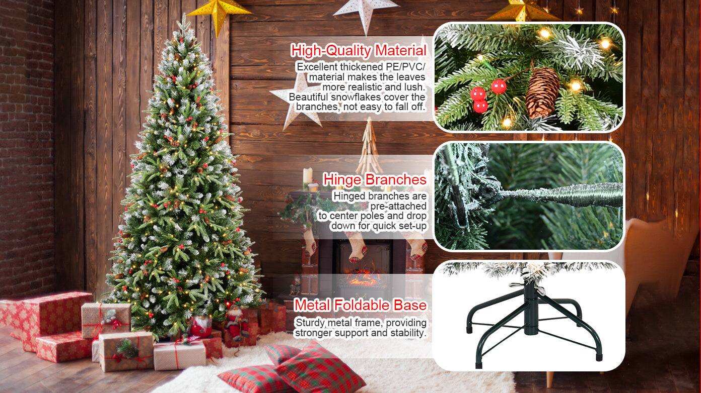 High-Quality Material  
Excellent thickened PE/PVC material makes the leaves more realistic and lush. Beautiful snowflakes cover the branches, not easy to fall off.

Hinged Branches  
Hinged branches are pre-attached to center poles and drop down for quick set-up.

Metal Foldable Base  
Sturdy metal frame, providing stronger support and stability.