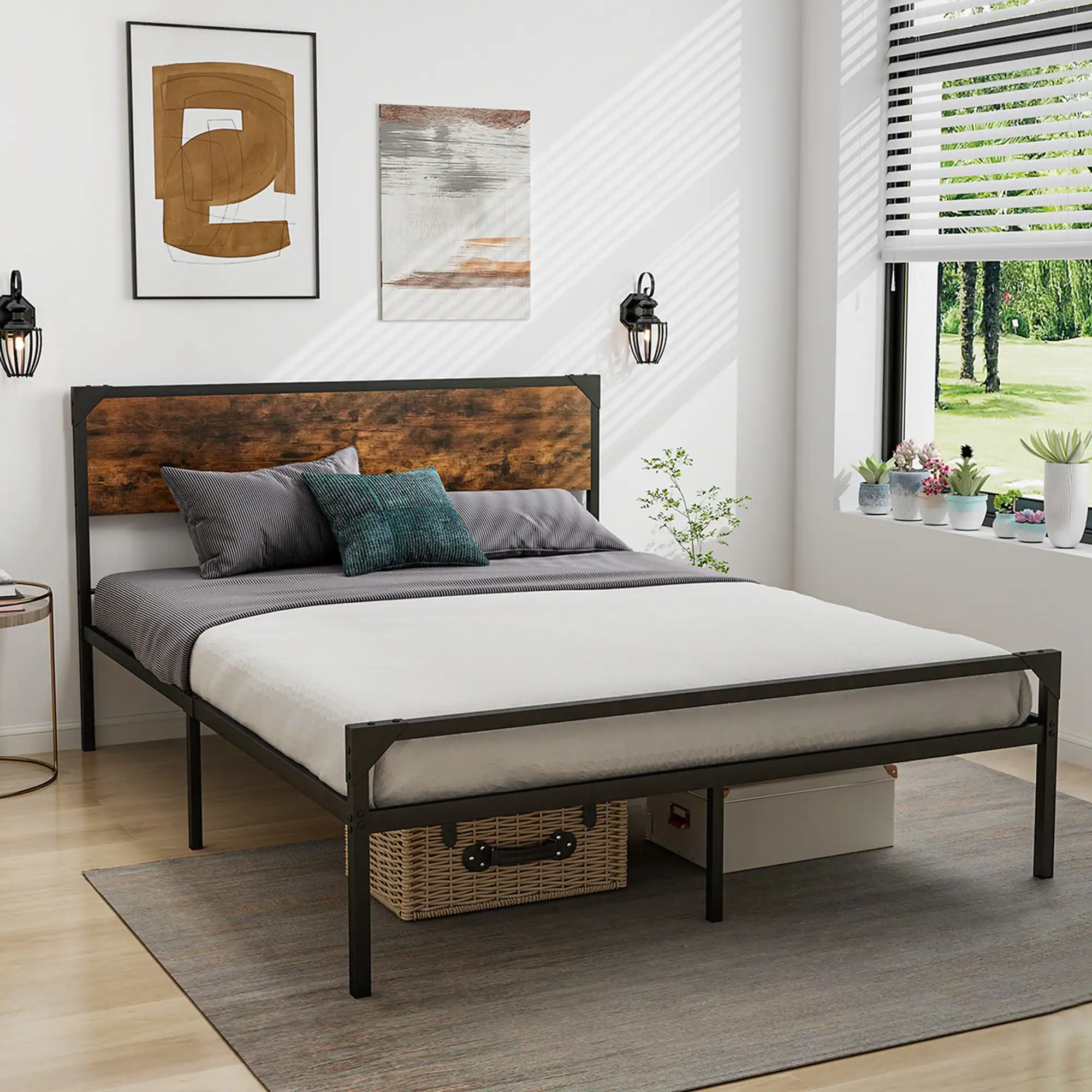 Alt View 4. Costway - Costway Platform Queen Bed with Rustic Headboard & Footboard Strong Metal Slat Support - Rustic Brown,Black.