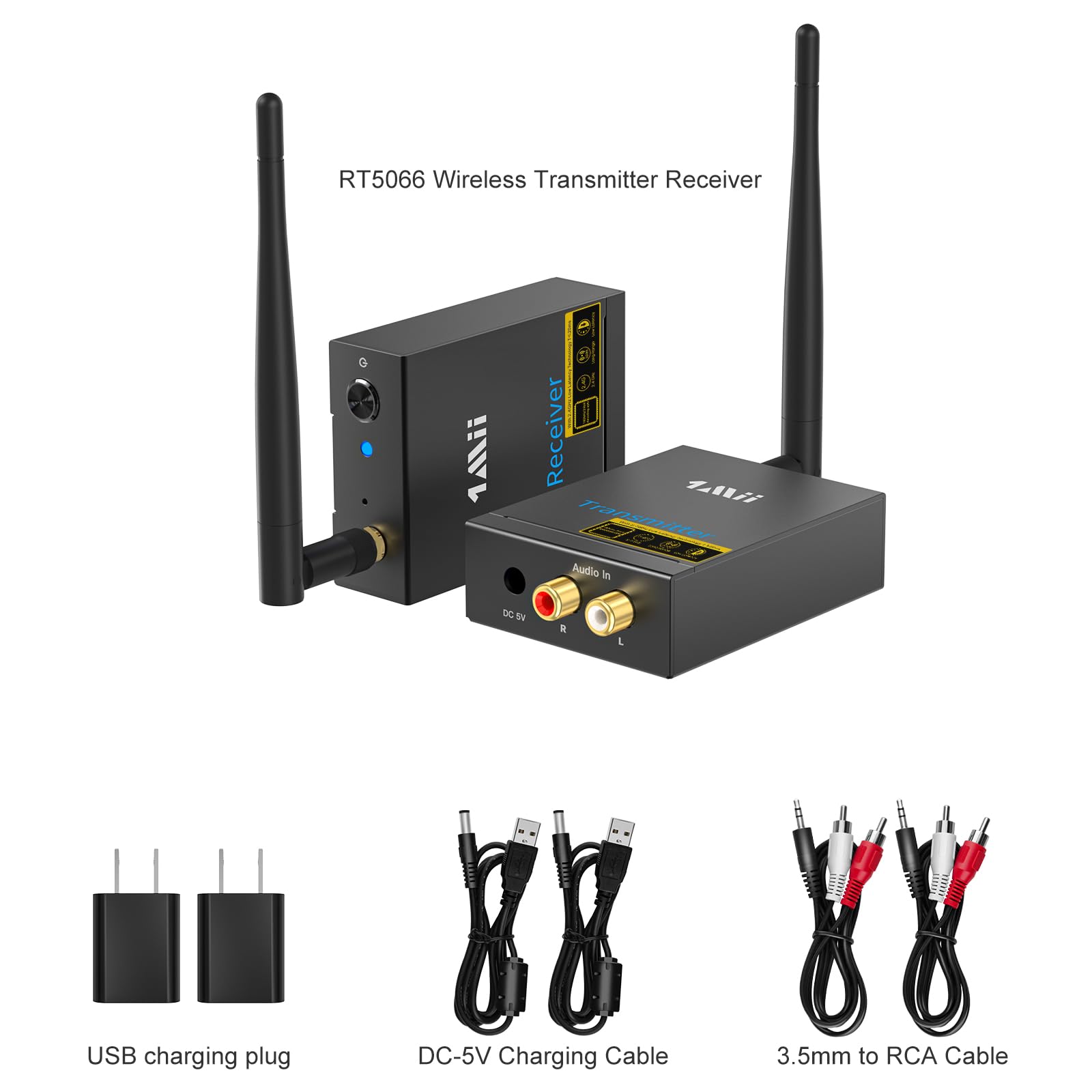 RT5066 Wireless Transmitter Receiver

- USB charging plug
- DC-5V Charging Cable
- 3.5mm to RCA Cable