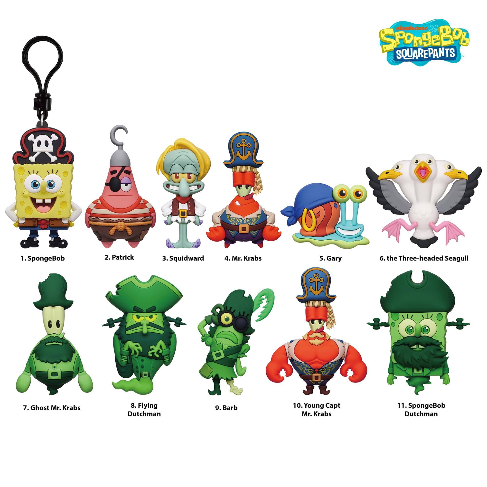 nicmelodeon SPonSeBoB SQUAREPANTS  
1. SpongeBob  
2. Patrick  
3. Squidward  
4. Mr. Krabs  
5. Gary  
6. the Three-headed Seagull  
7. Ghost Mr. Krabs  
8. Flying Dutchman  
9. Barb  
10. Young Capt Mr. Krabs  
11. SpongeBob Dutchman
