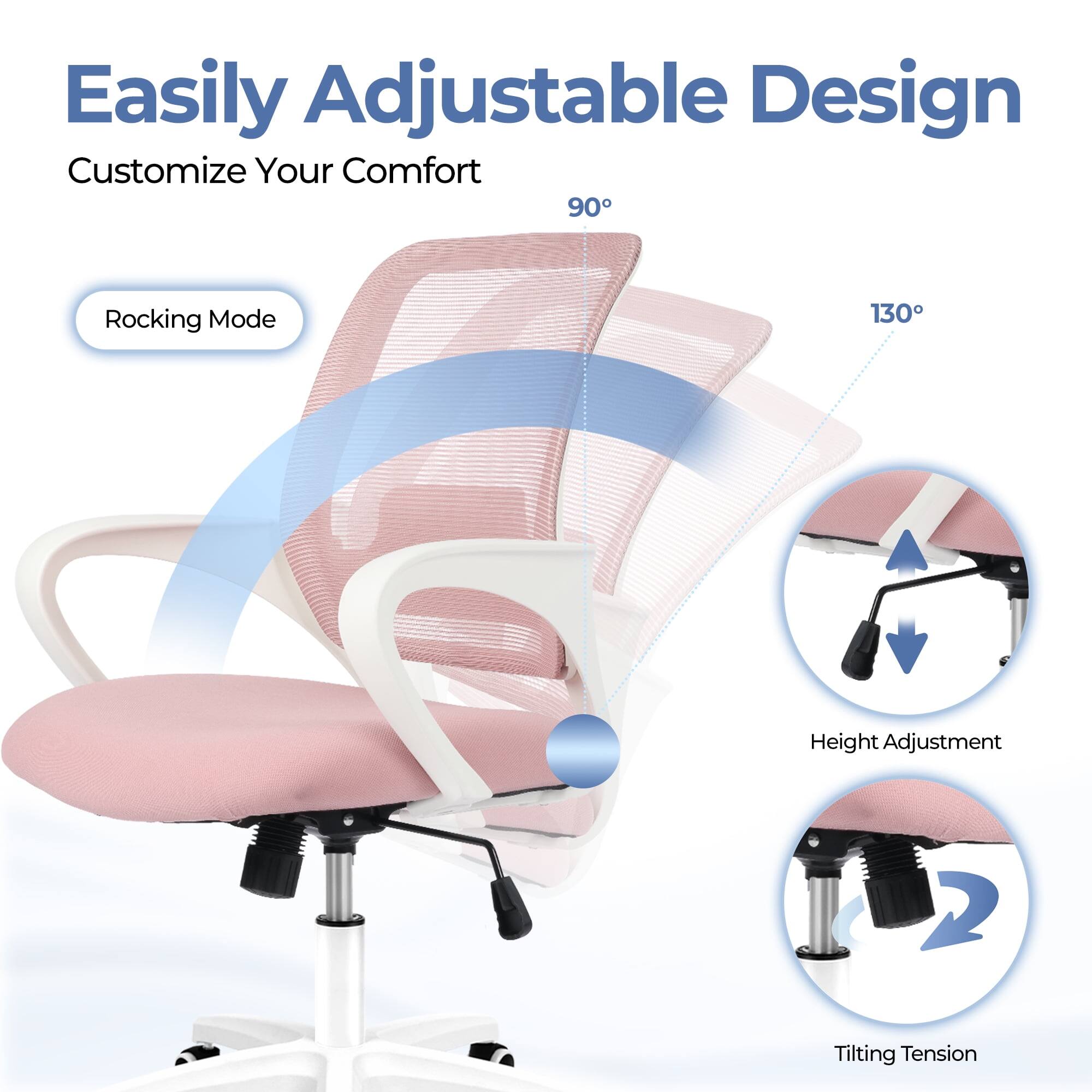 Easily Adjustable Design  
Customize Your Comfort  

- Rocking Mode  
- 90°  
- 130° Height Adjustment  
- Tilting Tension