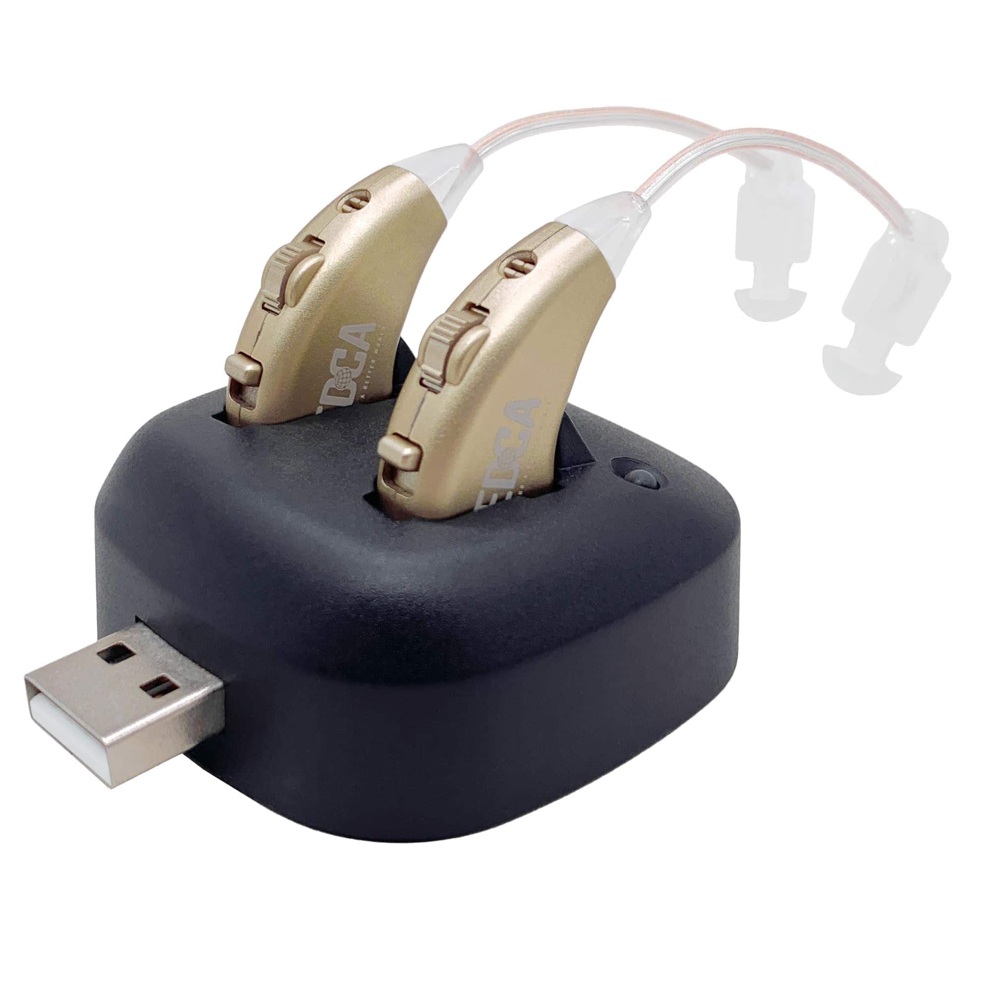 MEDca - Digital Hearing Amplifiers - Rechargeable BTE Personal Sound Amplifier Pair with USB Dock - Behind The Ear - Gold