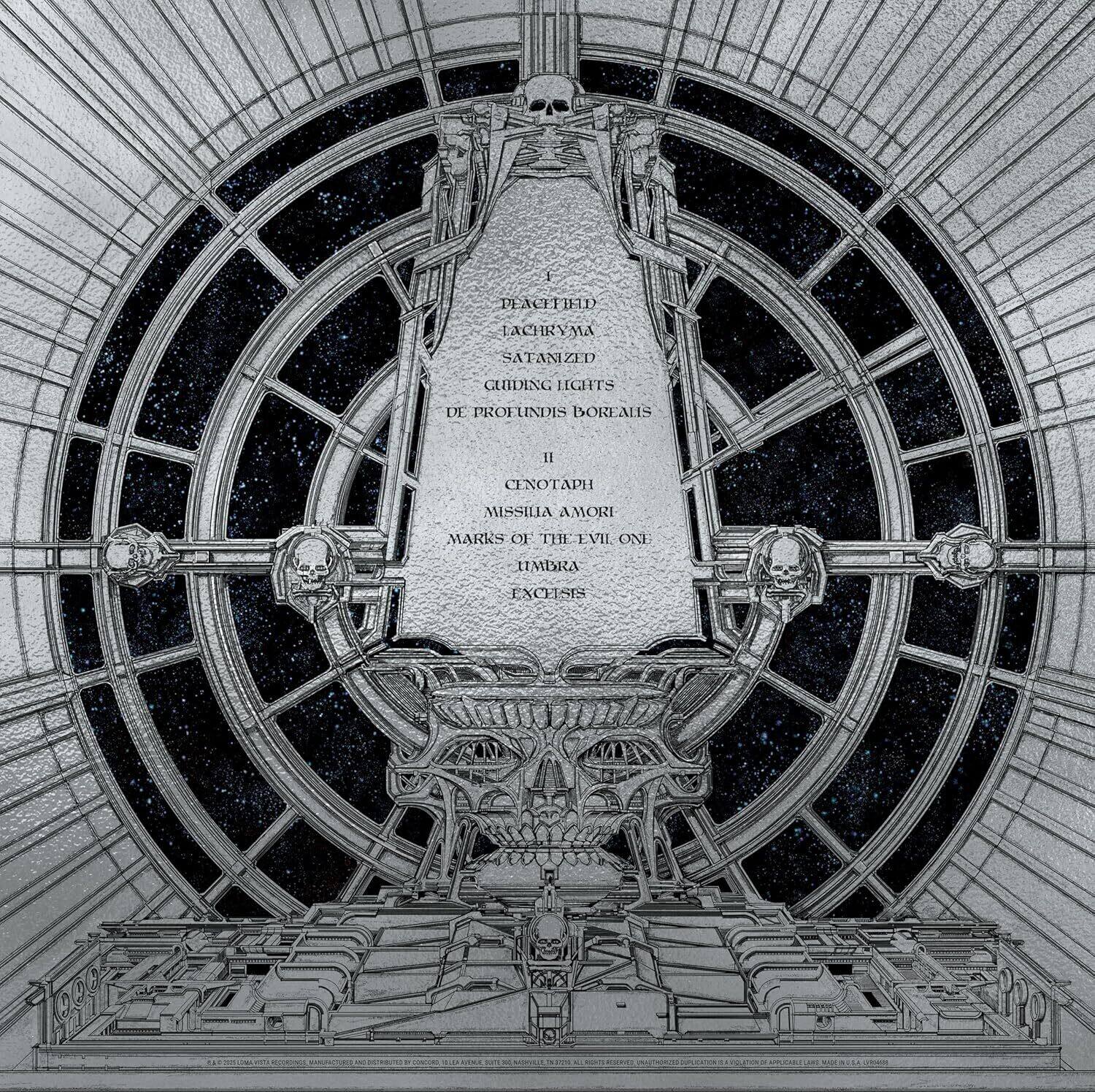 PEACEFIED  
TACHRYMA  
SATANIZED  
GUIDING LIGHTS  
DE PROFUNDIS BOREAUS  

11  
CENOTAPH  
MISSILLA  
AMORI  
MARKS OF THE EVIL ONE  
UIMBRA  
EXCHIS