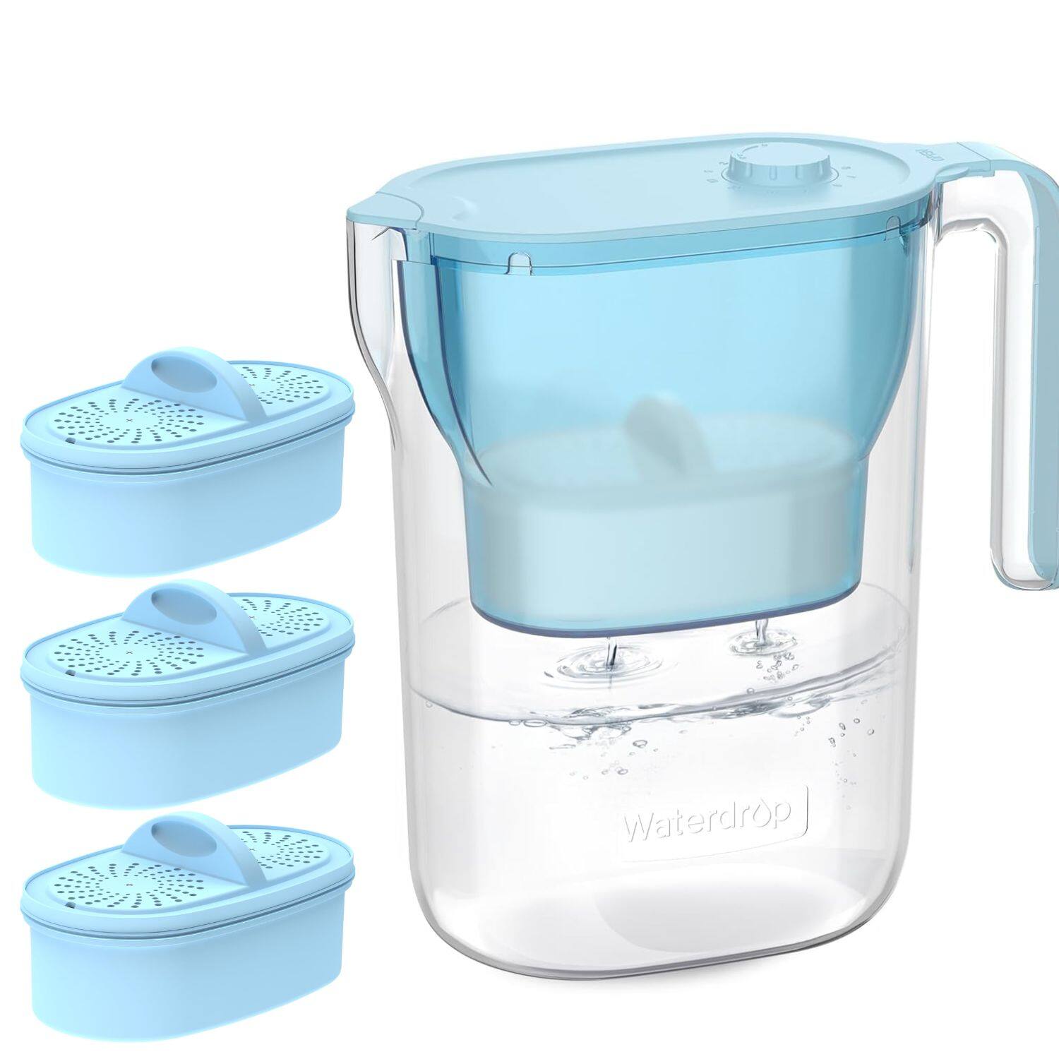 Waterdrop - WD-PT-05B-L Water Filter Pitcher, 200-Gallon Long-Life, Extra PF-AL-3 Alkaline Filters - Blue