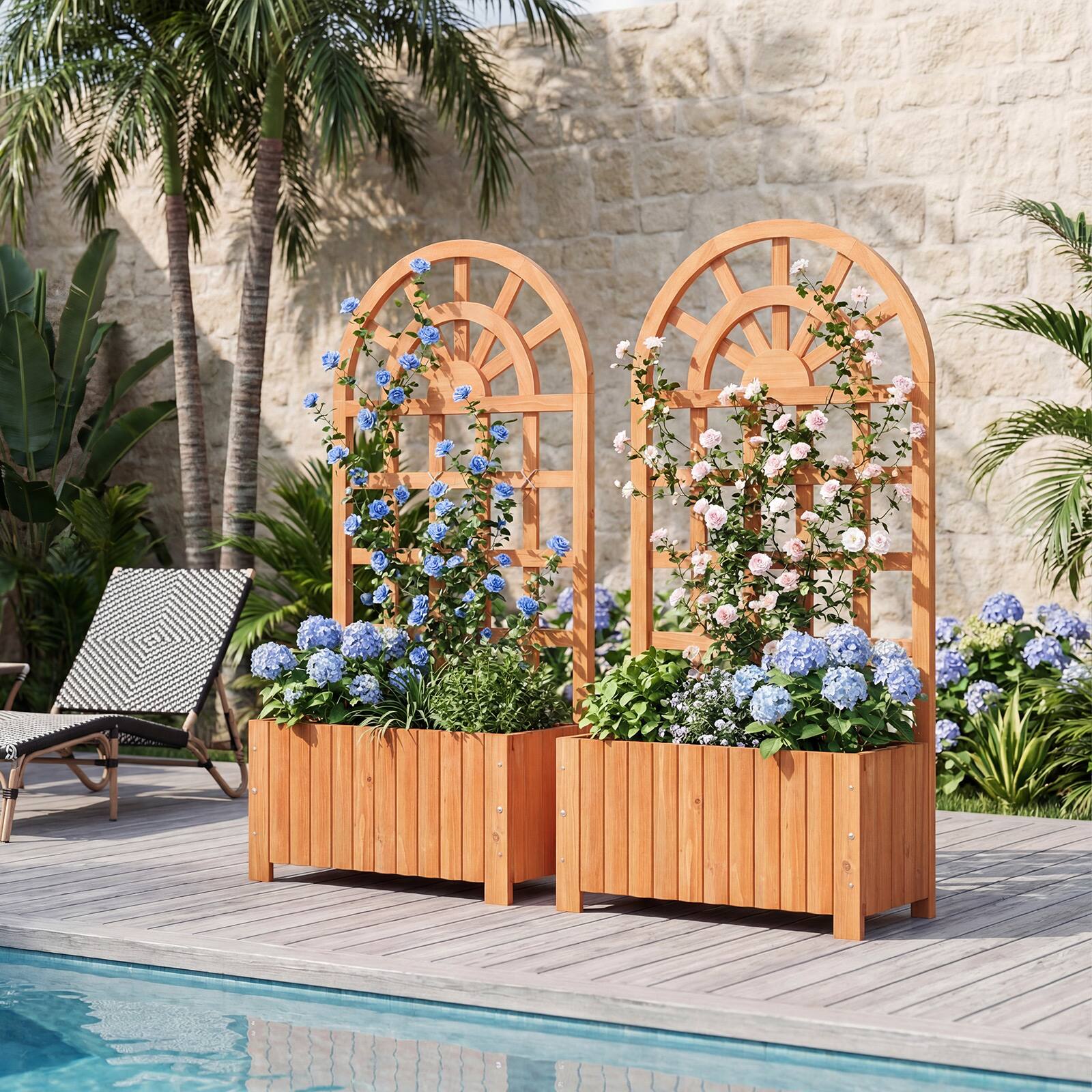 Alt View 4. Costway - Costway 48" Wooden Raised Garden Bed with Trellis, Drainage Holes for Flowers Vegetables - Brown.