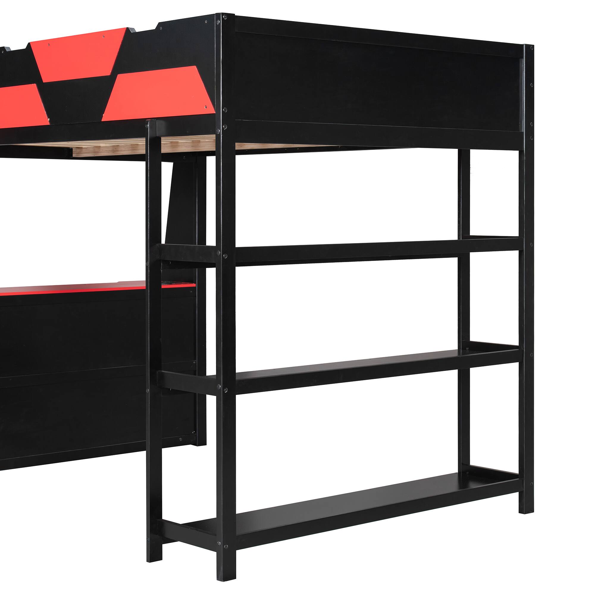 Alt View 5. Whisen - Full Size Loft Bed with Gaming Desk, Built-in Shelves, Power Station & LED Lights for Bedroom - Black|Red.