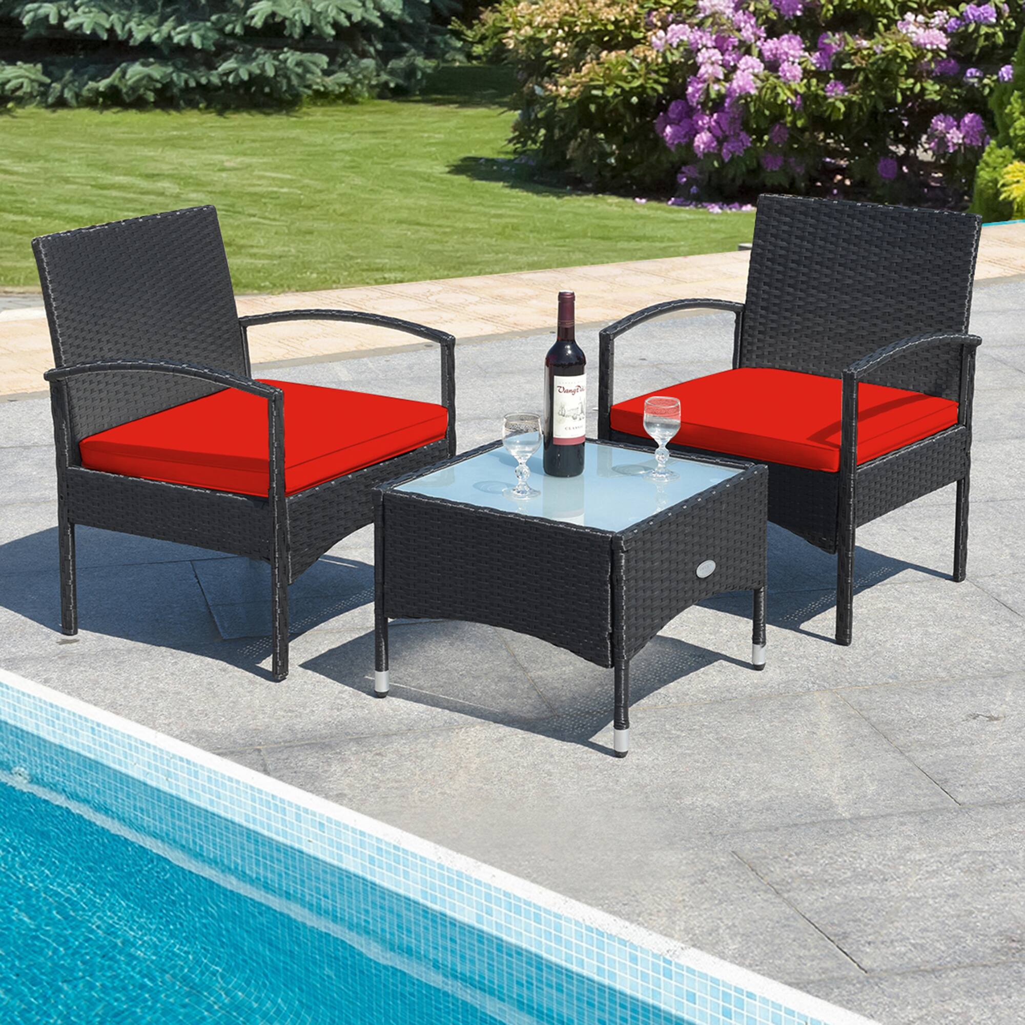 Alt View 3. Gymax - Gymax 3 PCS Patio Wicker Rattan Furniture Set Coffee Table & 2 Rattan Chair w/ Cushion Red - Red.