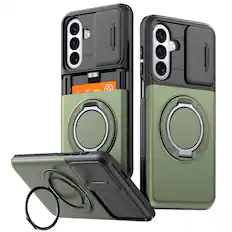 Front. Dteck - Rugged Case for Samsung Galaxy A37 5G Shockproof Drop Protection Hidden Card Slot Ring Kickstand Sliding Camera Cover - Green.