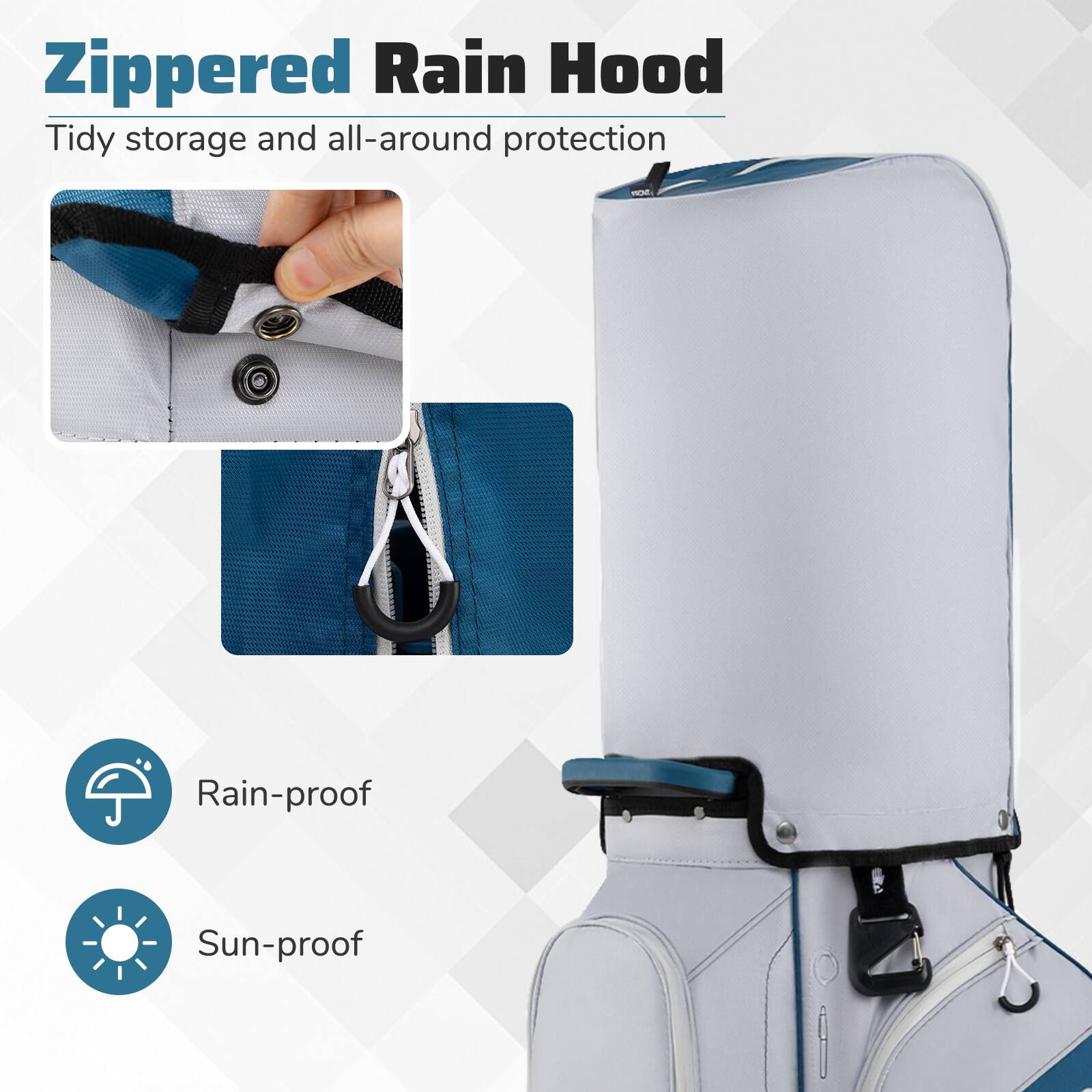 Zippered Rain Hood  
Tidy storage and all-around protection  

Rain-proof  
Sun-proof