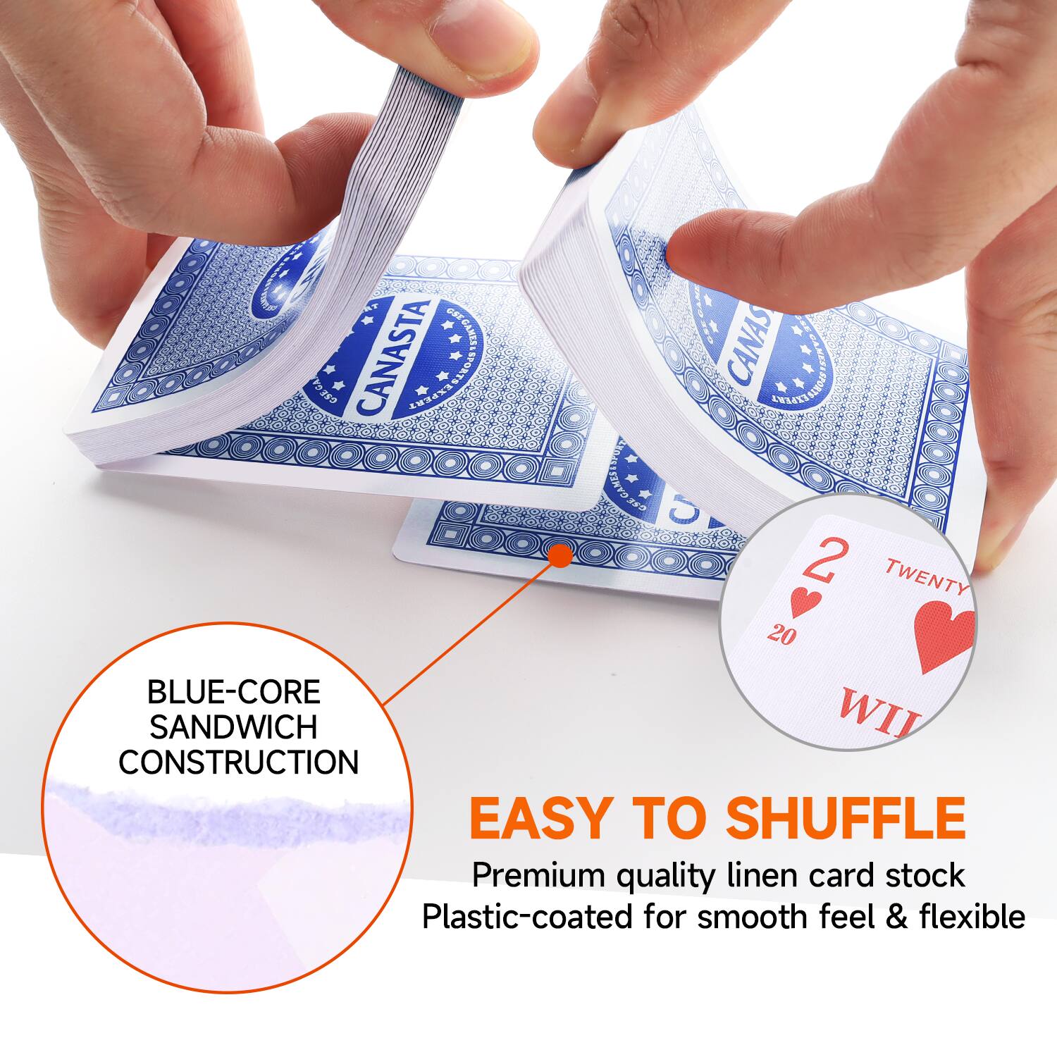 & RECYCLE  CANASTA EXFERT SPORTS ANLEXBAEON FINYO 5 2 TWENTY 20 BLUE-CORE SANDWICH CONSTRUCTION EASY TO SHUFFLE Premium quality linen card stock Plastic-coated for smooth feel & flexible