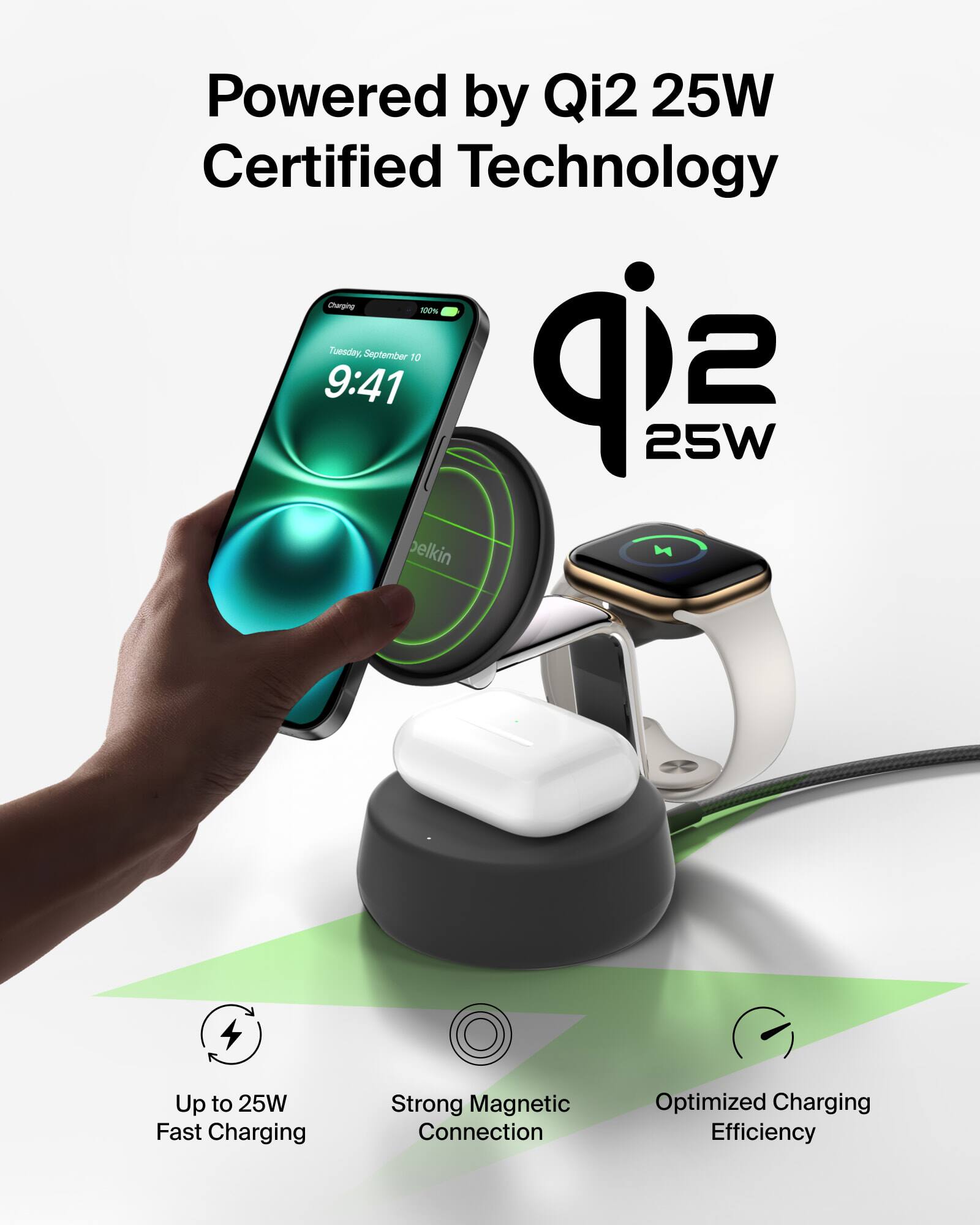 Powered by Qi2 25W Certified Technology

- Up to 25W Fast Charging
- Strong Magnetic Connection
- Optimized Charging Efficiency