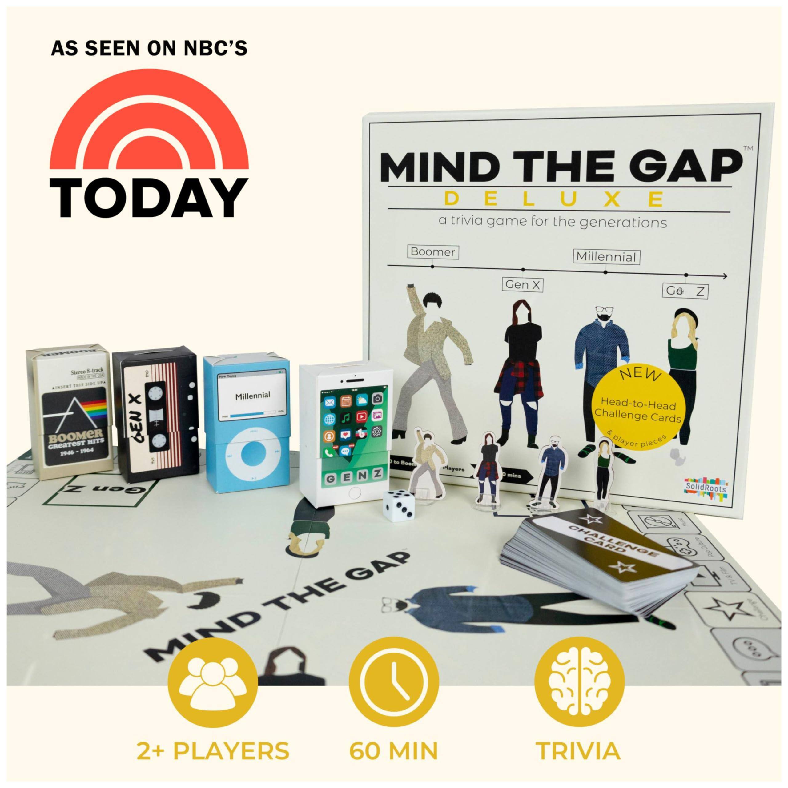 AS SEEN ON NBC'S TODAY

MIND THE GAP DELUXE  
a trivia game for the generations

Boomer | Gen X | Millennial | Gen Z

NEW Head-to-Head Challenge Cards

2+ PLAYERS  
60 MIN  
TRIVIA