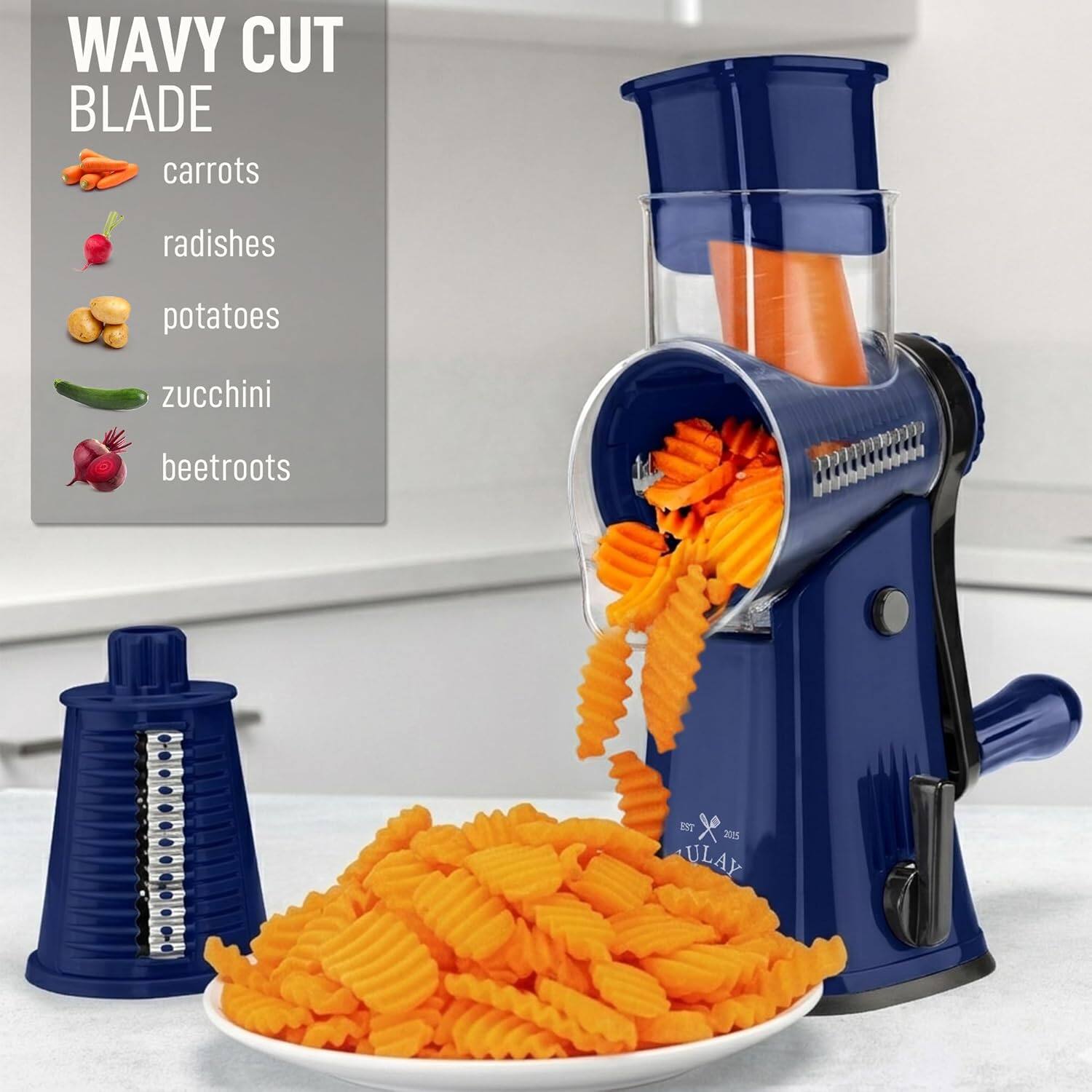 WAVY CUT BLADE

- carrots
- radishes
- potatoes
- zucchini
- beetroots

EST 2015 ULAY
