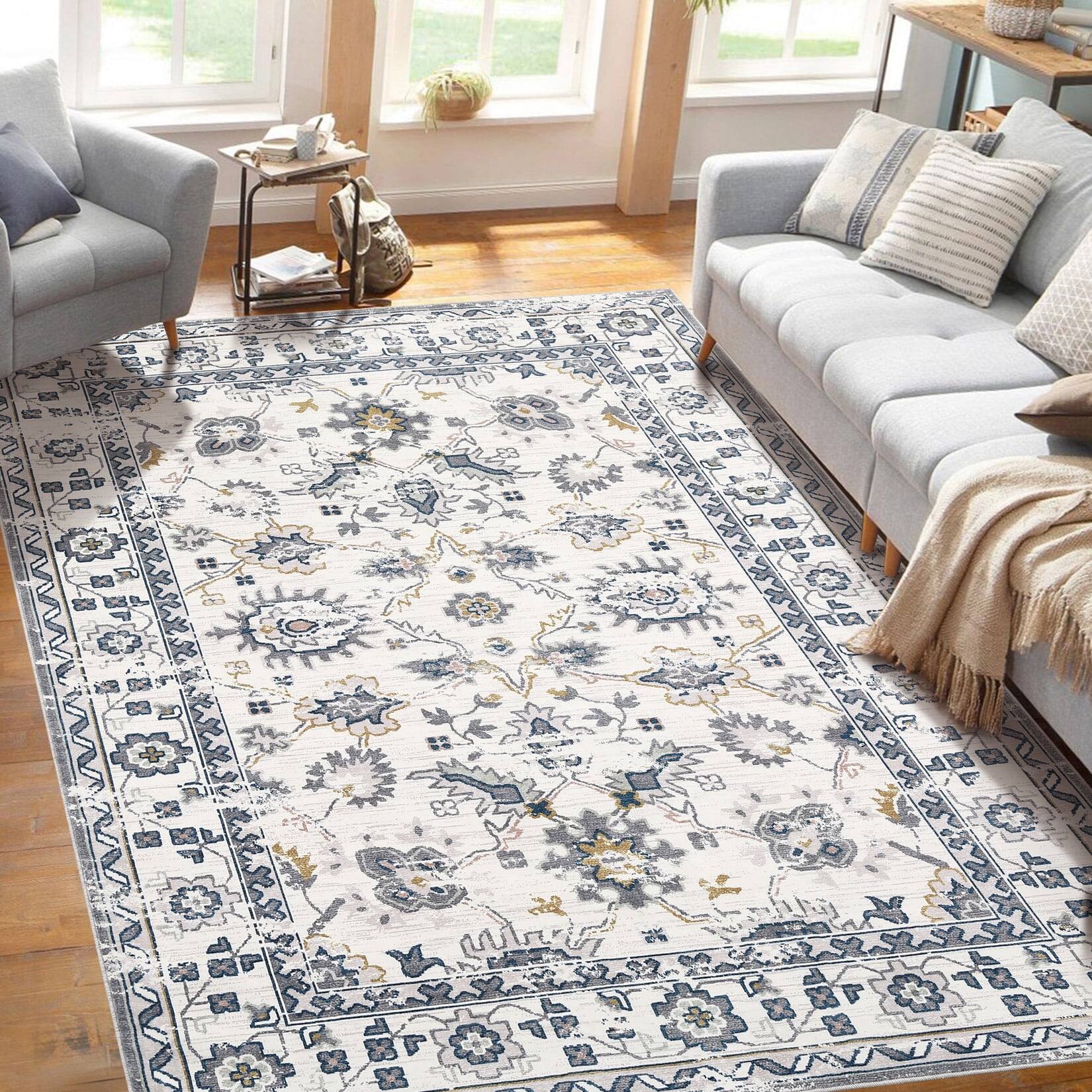 Front. Homhougo - 8x10 Vintage Washable Area Rug, Stain Resistant Anti-Slip for Living Room - White - White.