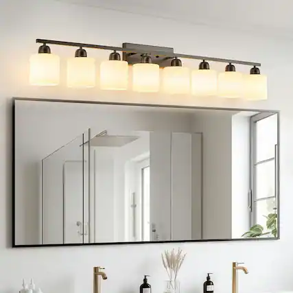 Front. Kadyn - 8-Light Bathroom Light Fixtures, 52inch Modern Matte Black Vanity Lights with White Frosted Glass Shade, Black - Black.