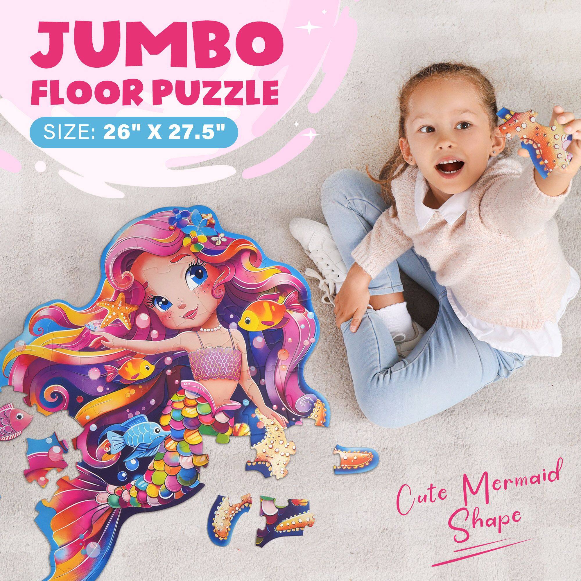 JUMBO FLOOR PUZZLE  
SIZE: 26" X 27.5"  
Cute Mermaid Shape